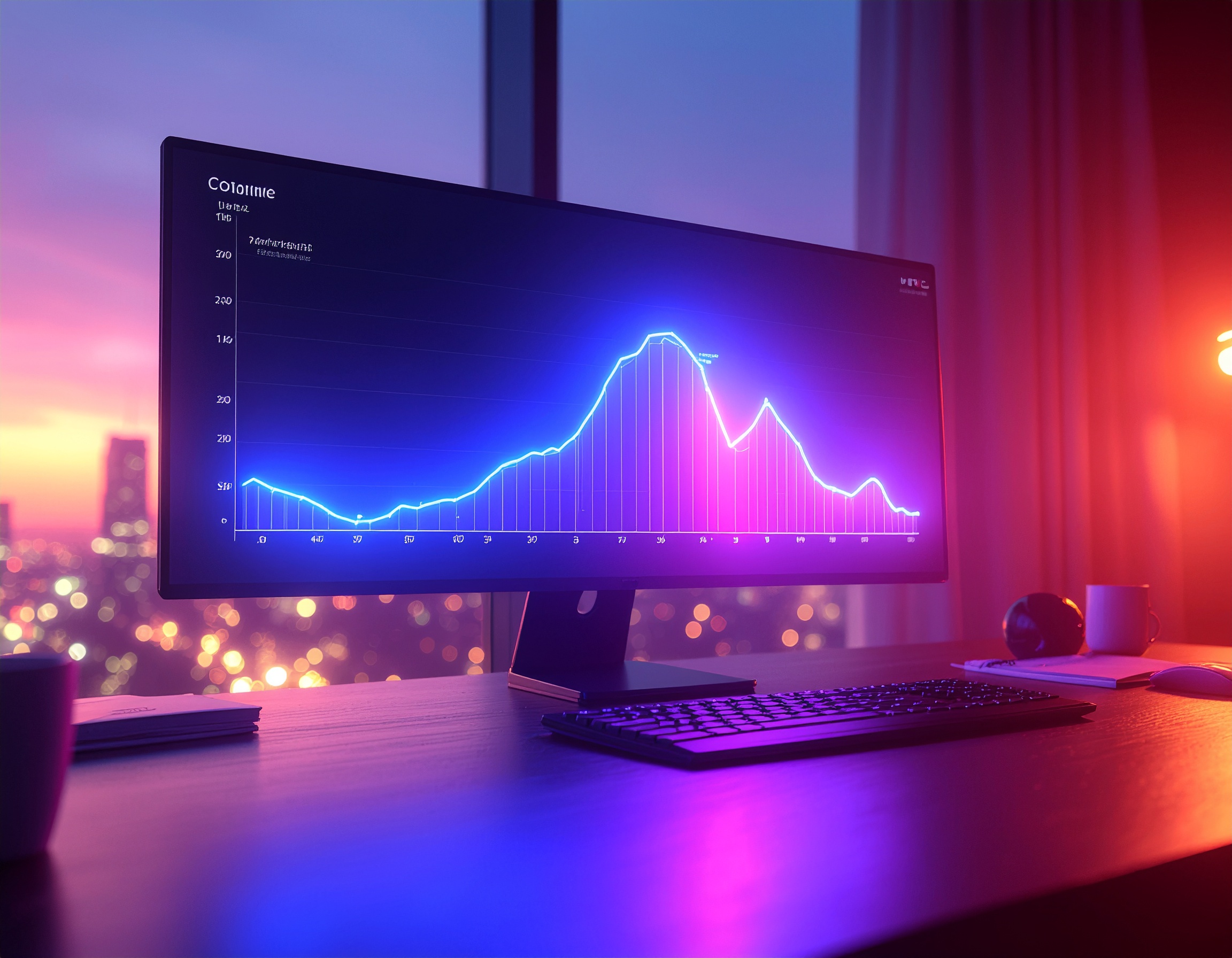 A widescreen monitor on a sleek office desk displays a glowing blue and purple data graph, with a vibrant cityscape and sunset visible through large windows in the background, creating a high-tech, analytical ambiance.