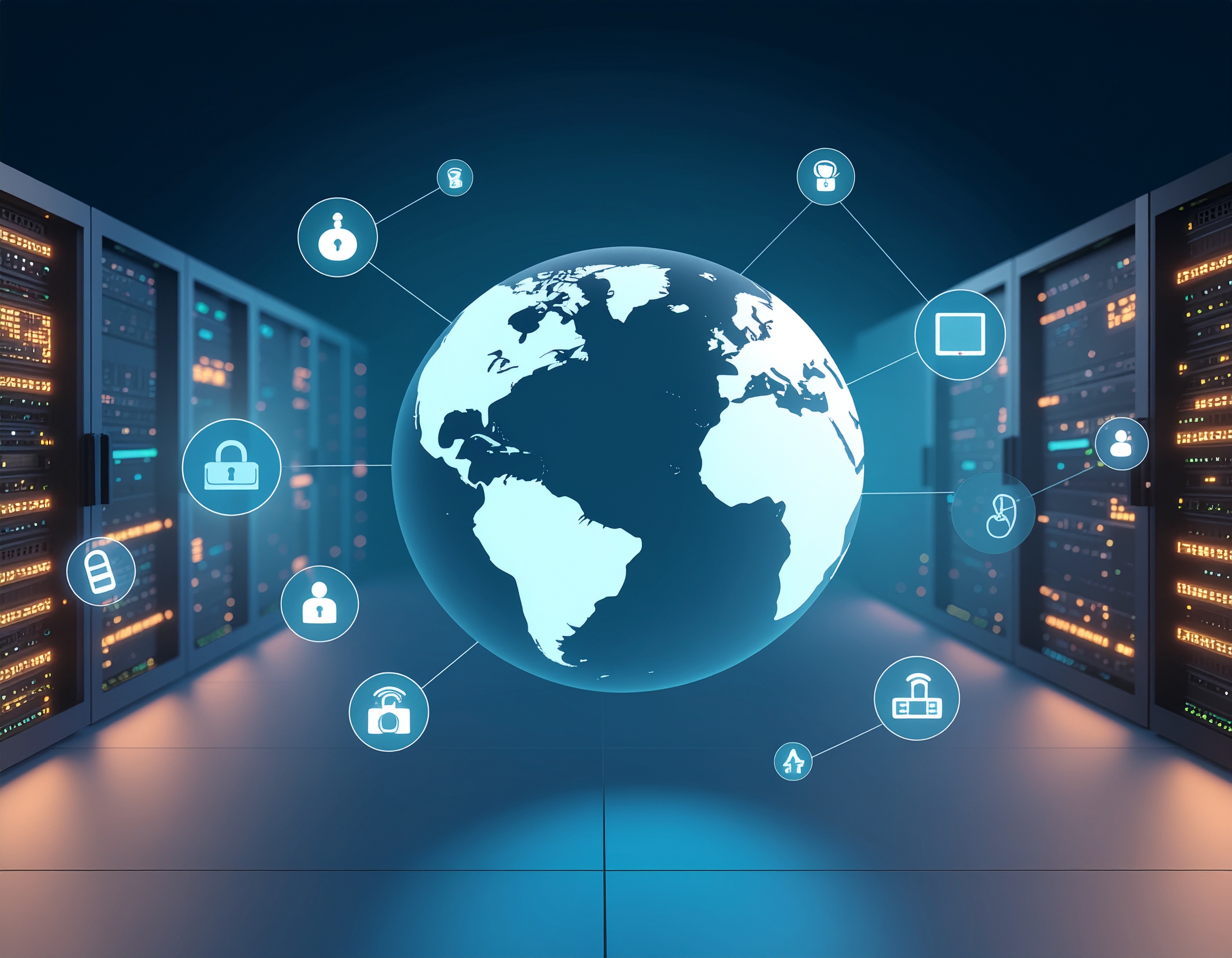 Glowing digital globe surrounded by cybersecurity icons, centered between two rows of illuminated server racks in a data center, symbolizing global network protection and digital infrastructure