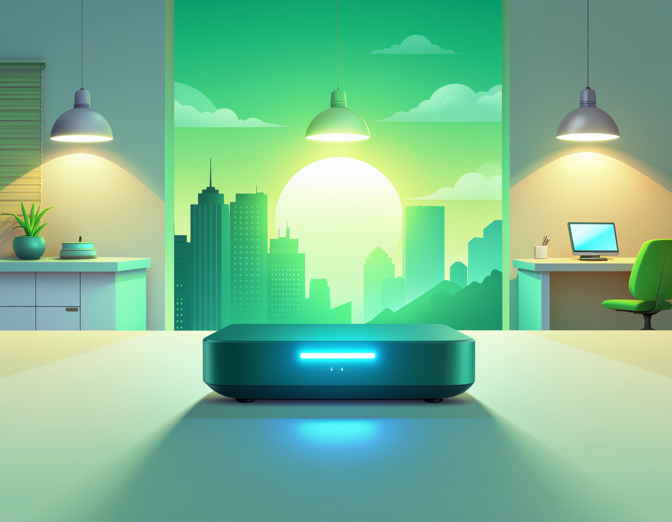 Eco-friendly network switch in a modern office with a green cityscape, representing D-Link’s commitment to sustainable and energy-efficient technology.