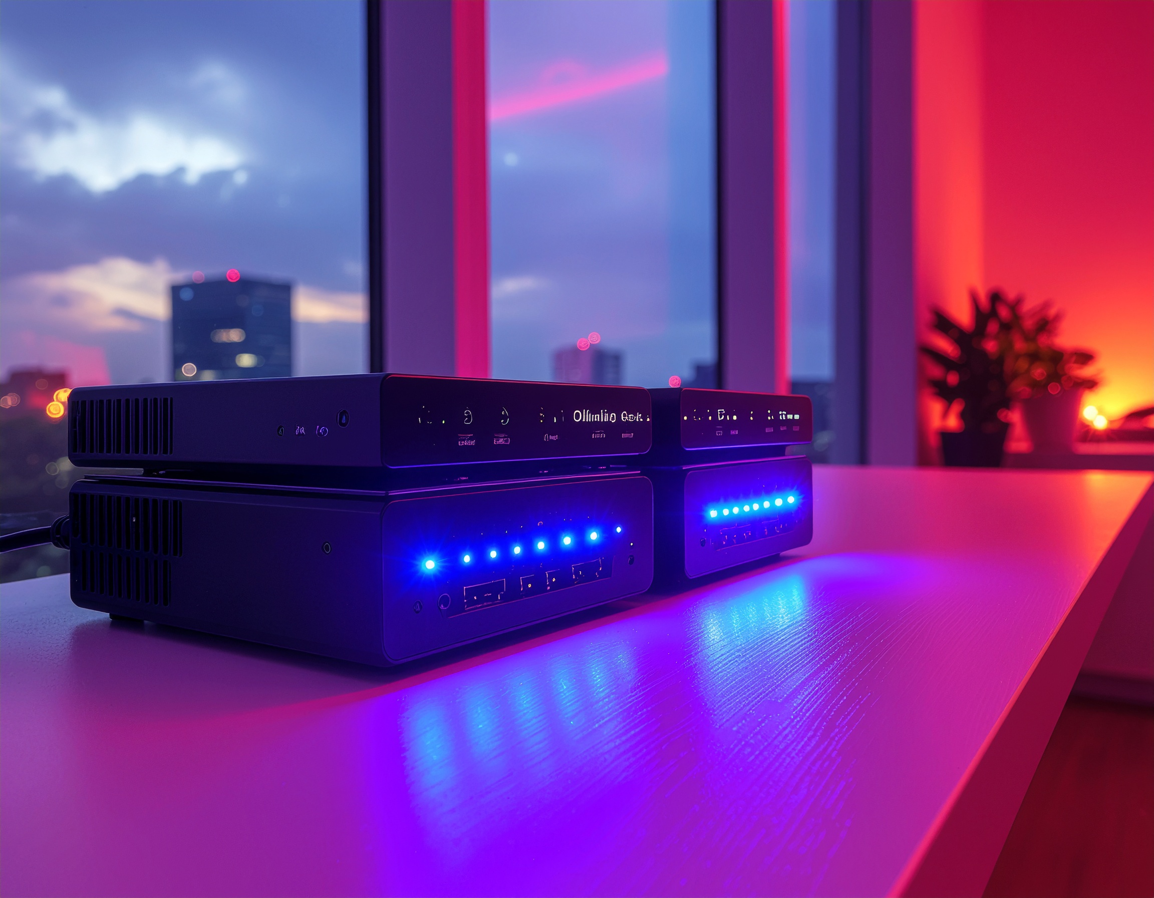 Two sleek, multi-gig network switches with glowing blue LED ports sit on a modern white desk in a high-rise office, illuminated by ambient red and blue lighting with a cityscape in the background.