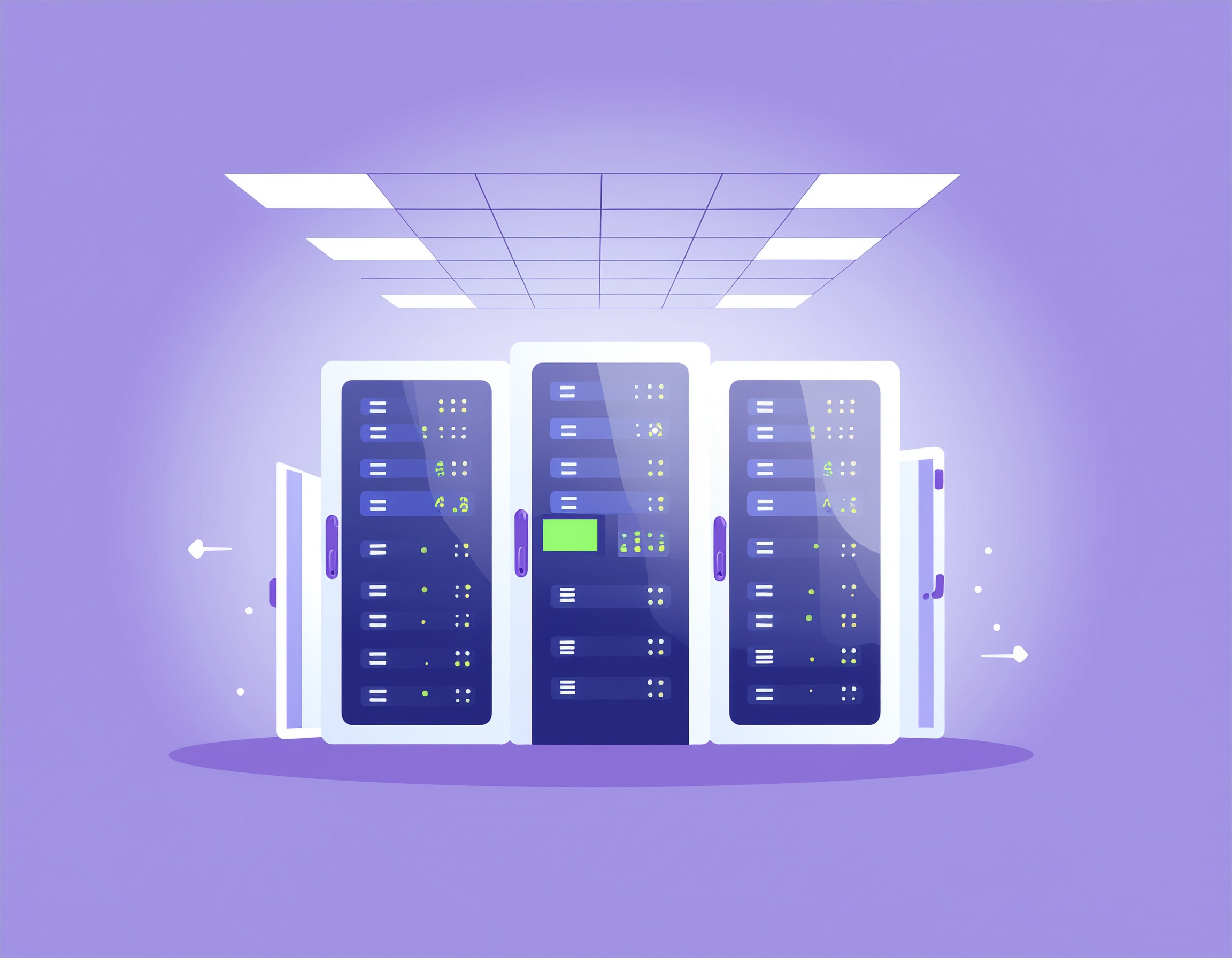 Illustration of a data center with three open server racks glowing with LED indicators, set in a modern purple-lit room with a ceiling grid above.