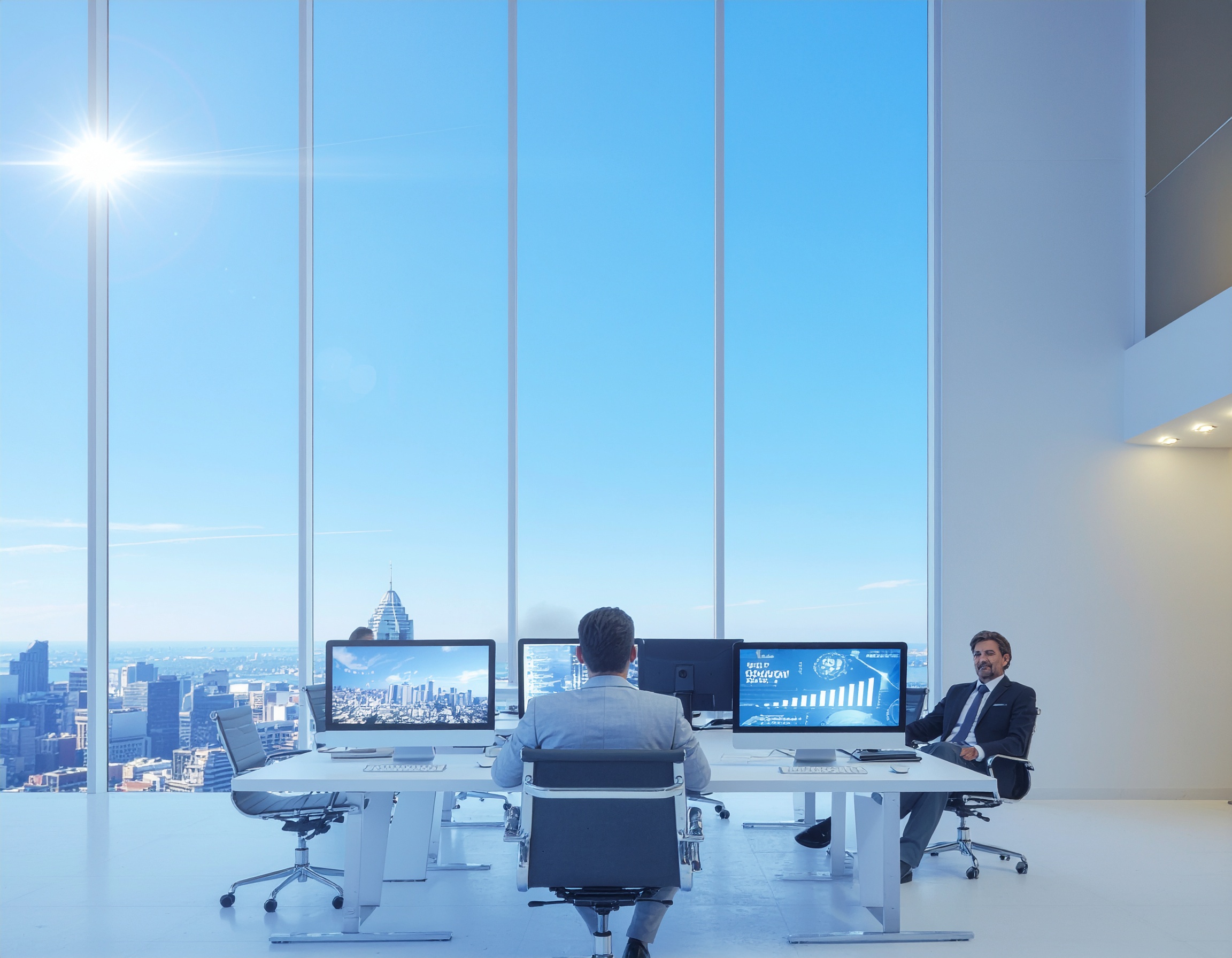 Two professionals work in a modern high-rise office with floor-to-ceiling windows showcasing a city skyline. Multiple monitors display data analytics and networking visuals, representing the strategic use of D-Link QoS settings for business performance optimization.
