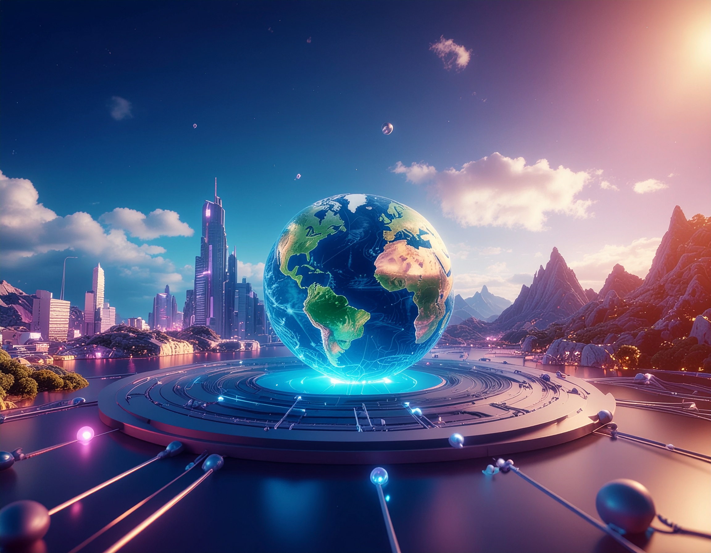 Digital Earth floating above a futuristic network platform, surrounded by mountains and a smart city skyline, symbolizing the future of global networking and technology integration.
