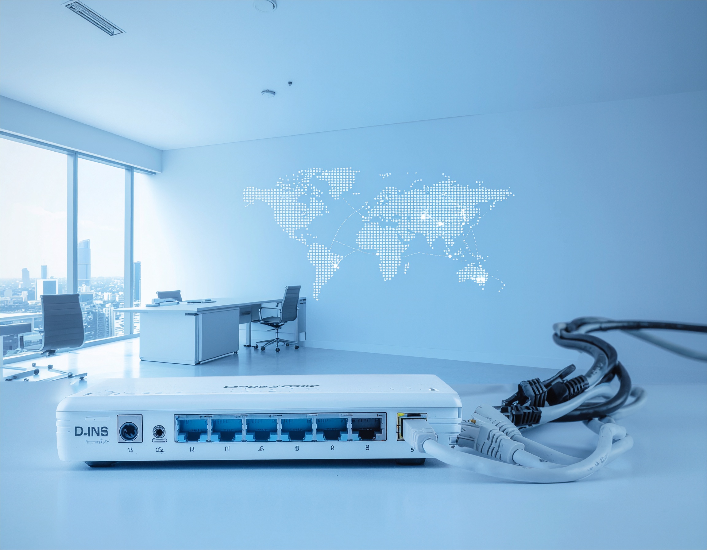 A sleek D-Link switch sits prominently on a desk in a modern office with floor-to-ceiling windows. Multiple Ethernet cables are plugged in, and a digital world map is displayed on the wall, symbolizing global connectivity and the role of D-Link QoS settings in optimizing network traffic.