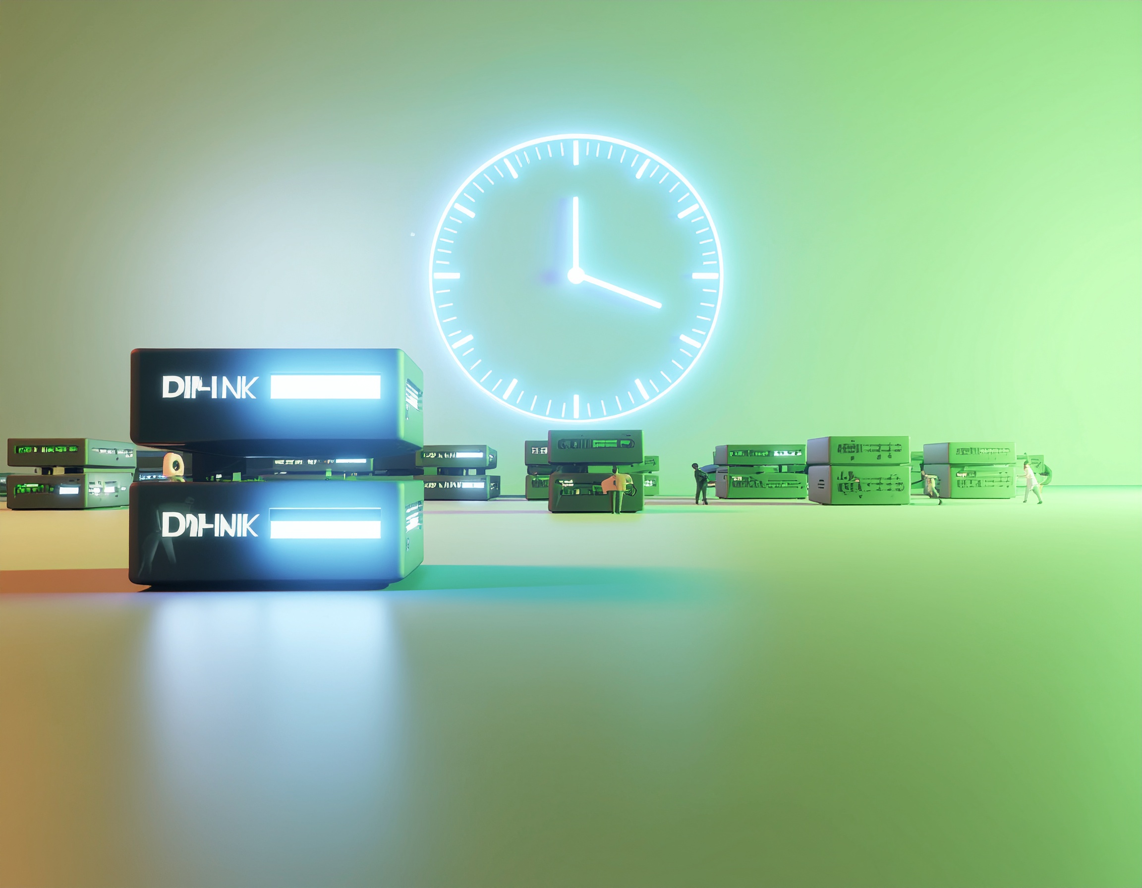 Futuristic illustration of glowing D-Link networking hardware in front of a large illuminated clock, with miniature technicians working on servers, symbolizing D-Link uptime reliability, real-time maintenance, and minimized downtime.