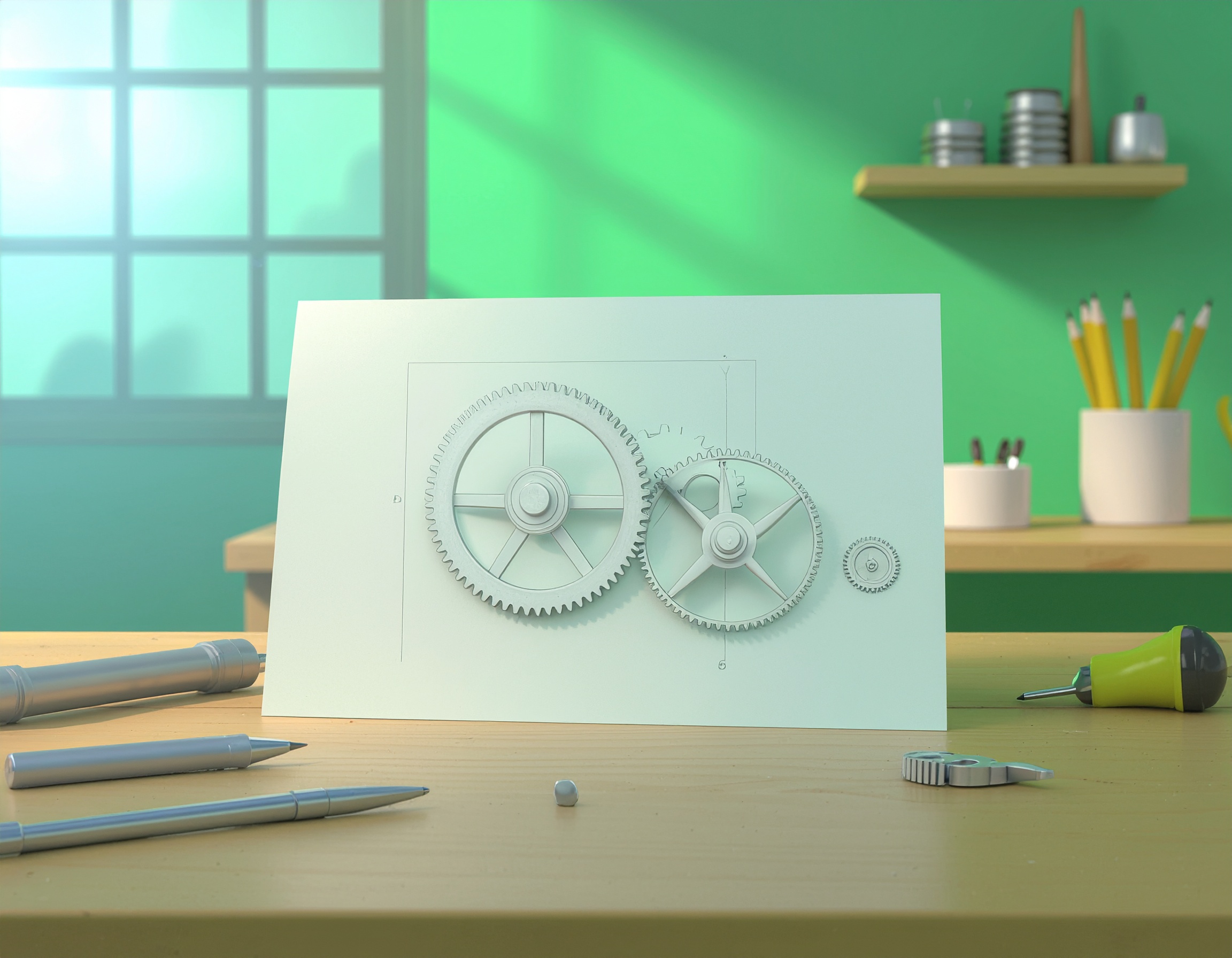 Illustration of a gear mechanism blueprint displayed on a wooden desk with pencils, tools, and drafting supplies around it, symbolizing the technical planning and precision behind D-Link smart surveillance system design and network optimization.