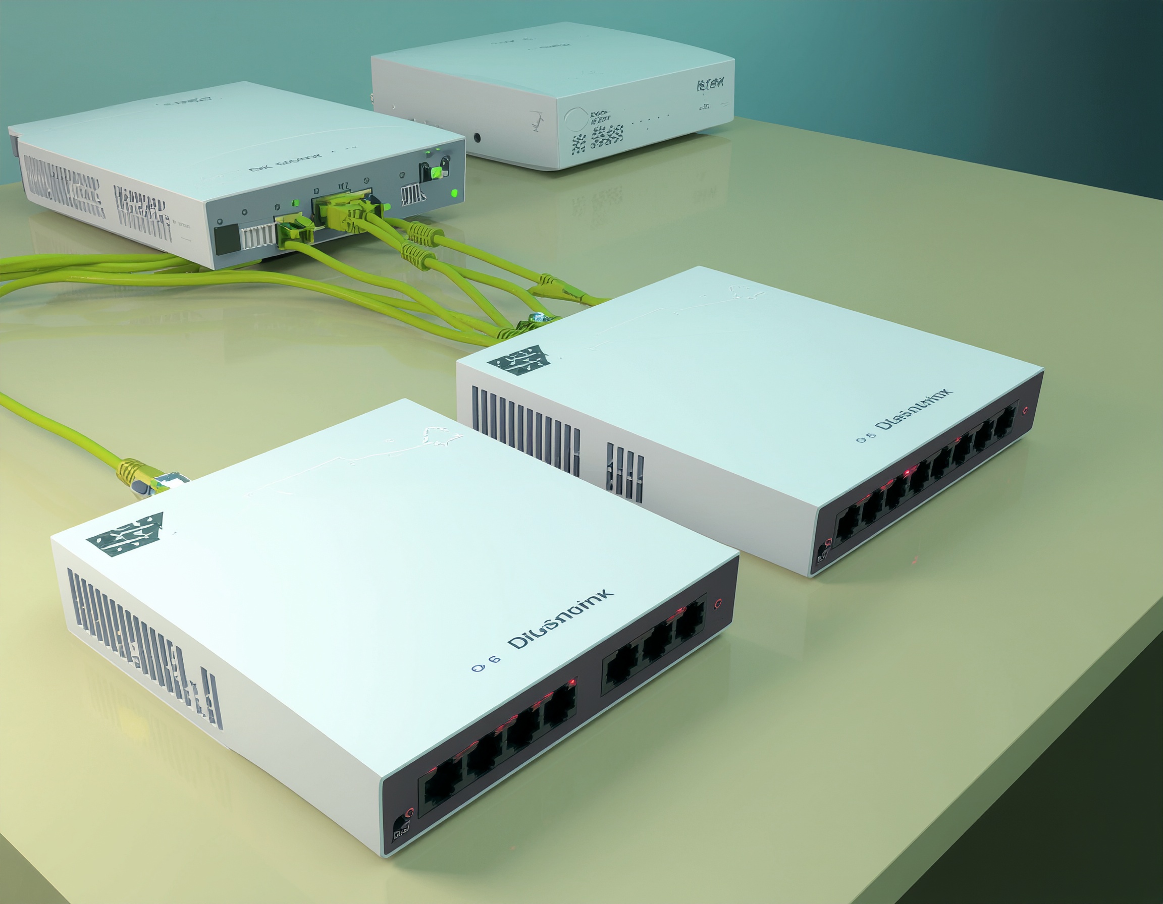 Daisy chaining D-Link switches using yellow Ethernet cables in a small business network setup for optimal speed and connectivity.