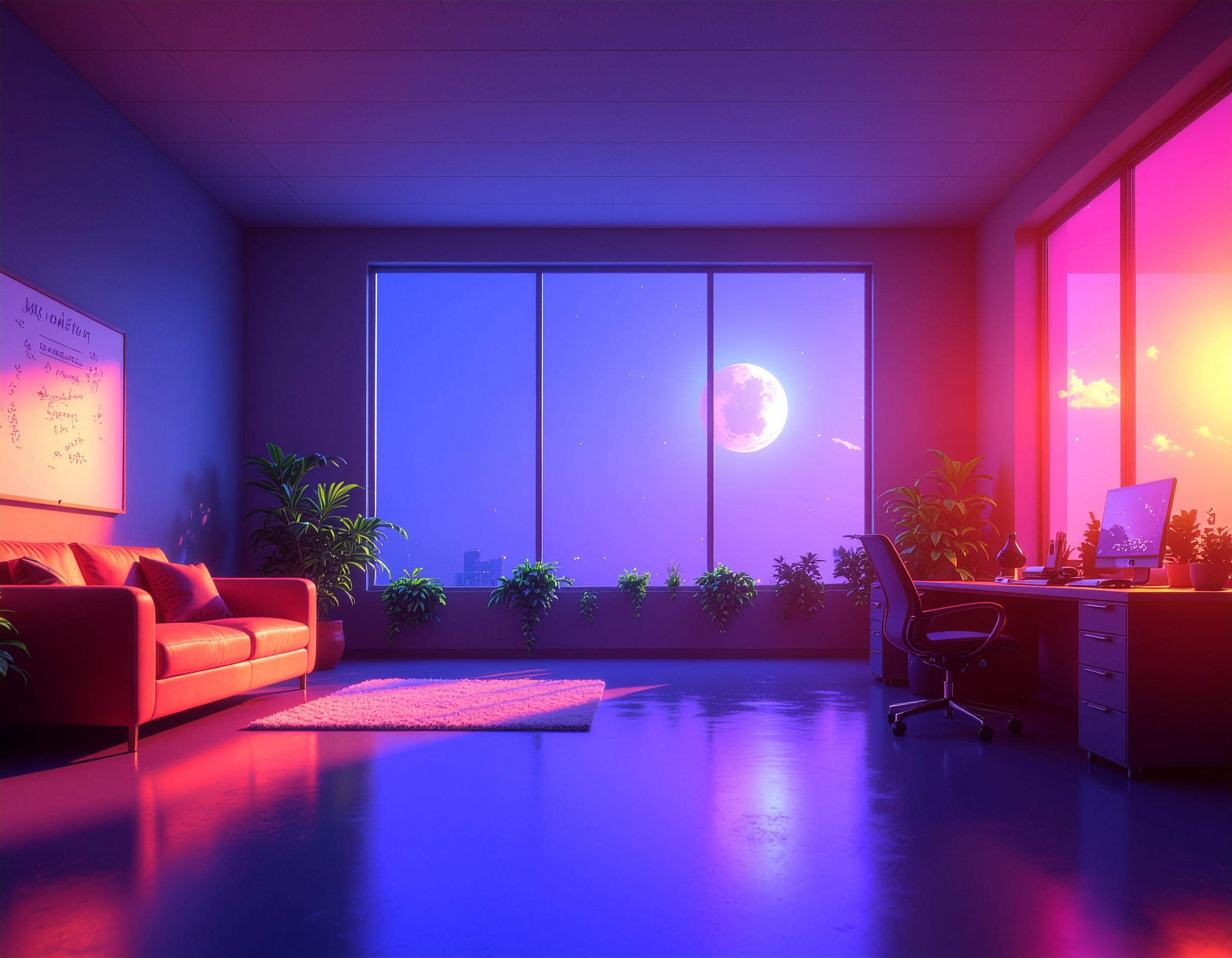 A modern, stylish office illuminated by soft purple, pink, and orange lighting, featuring a cozy red couch, indoor plants, a whiteboard with notes, and a desk setup with a computer, all framed by large windows showcasing a glowing full moon and dreamy twilight sky.