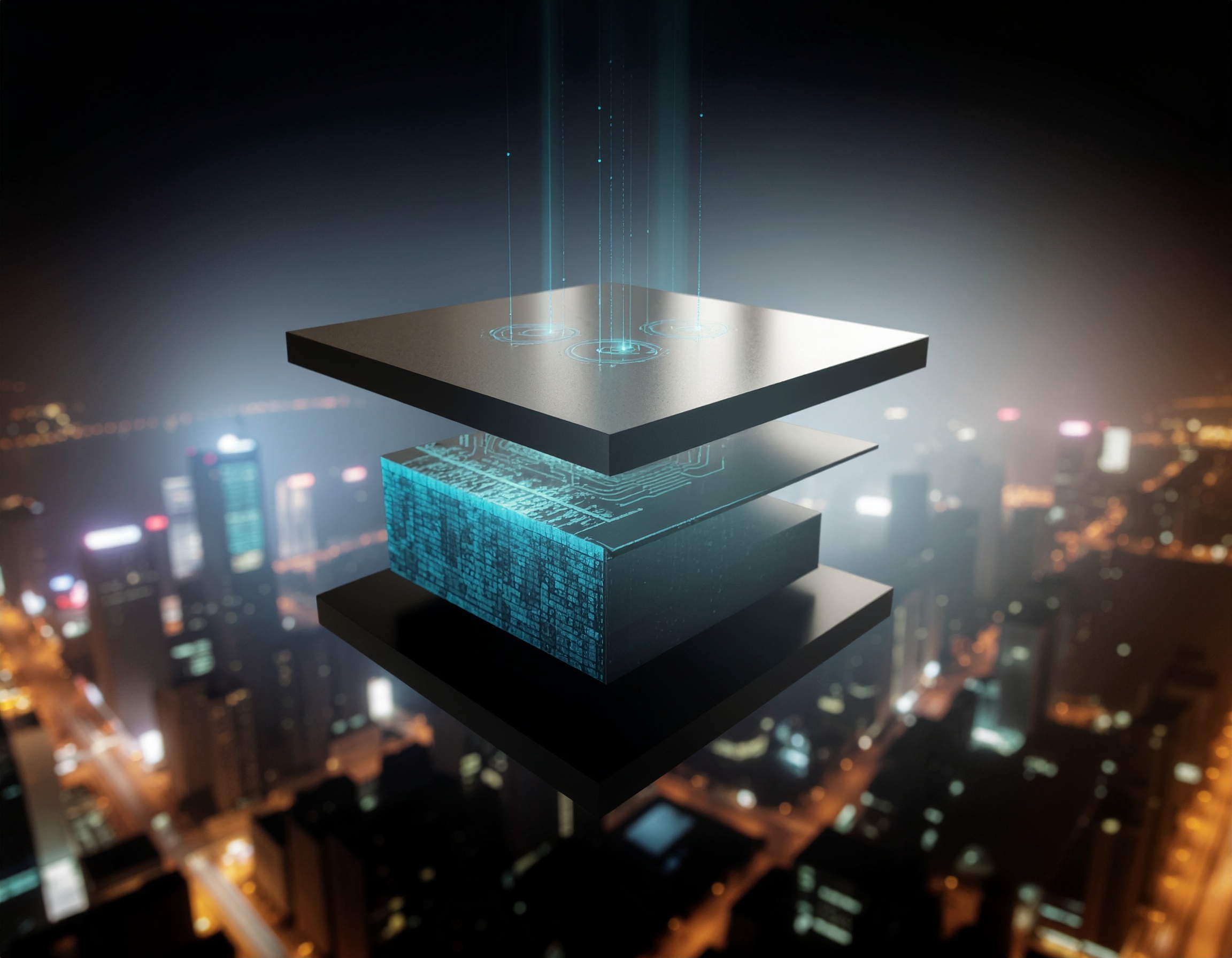 Digital layers representing a multi-tiered cybersecurity infrastructure hovering above a cityscape, symbolizing defense-in-depth network security strategies.