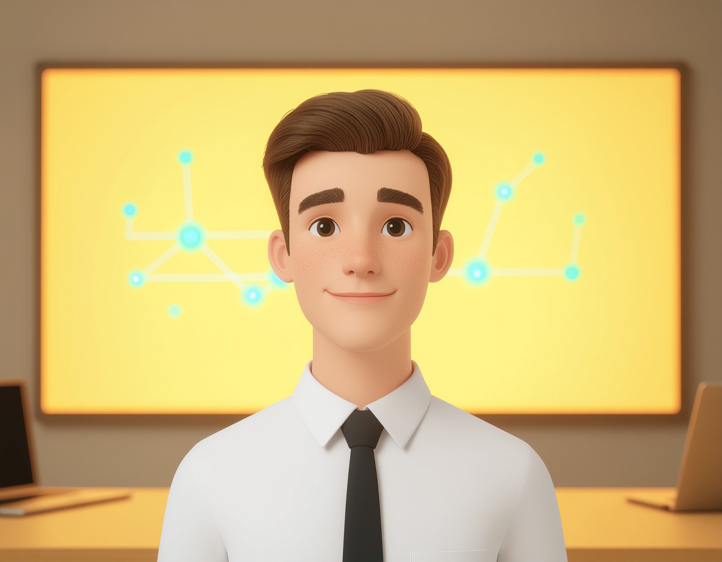 Animated IT professional in front of network diagram, representing a CTO utilizing D-Link bandwidth management tools in high-traffic network environments
