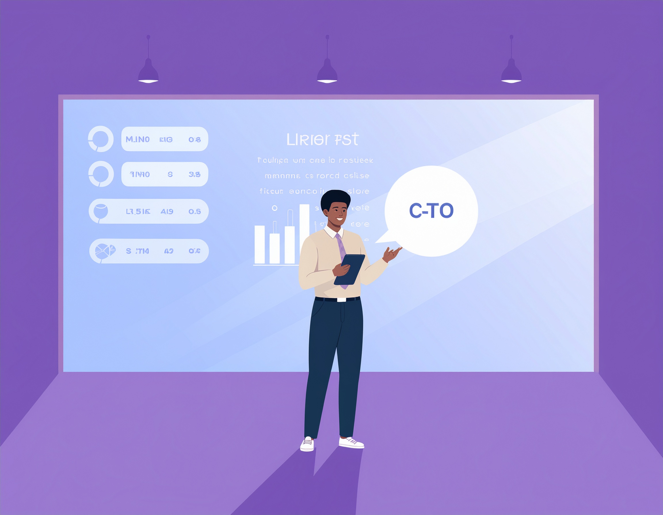 Illustration of a CTO standing in front of a digital analytics board with charts and data visuals, holding a tablet and speaking with a speech bubble labeled "C-TO" in a modern purple tech-themed room.