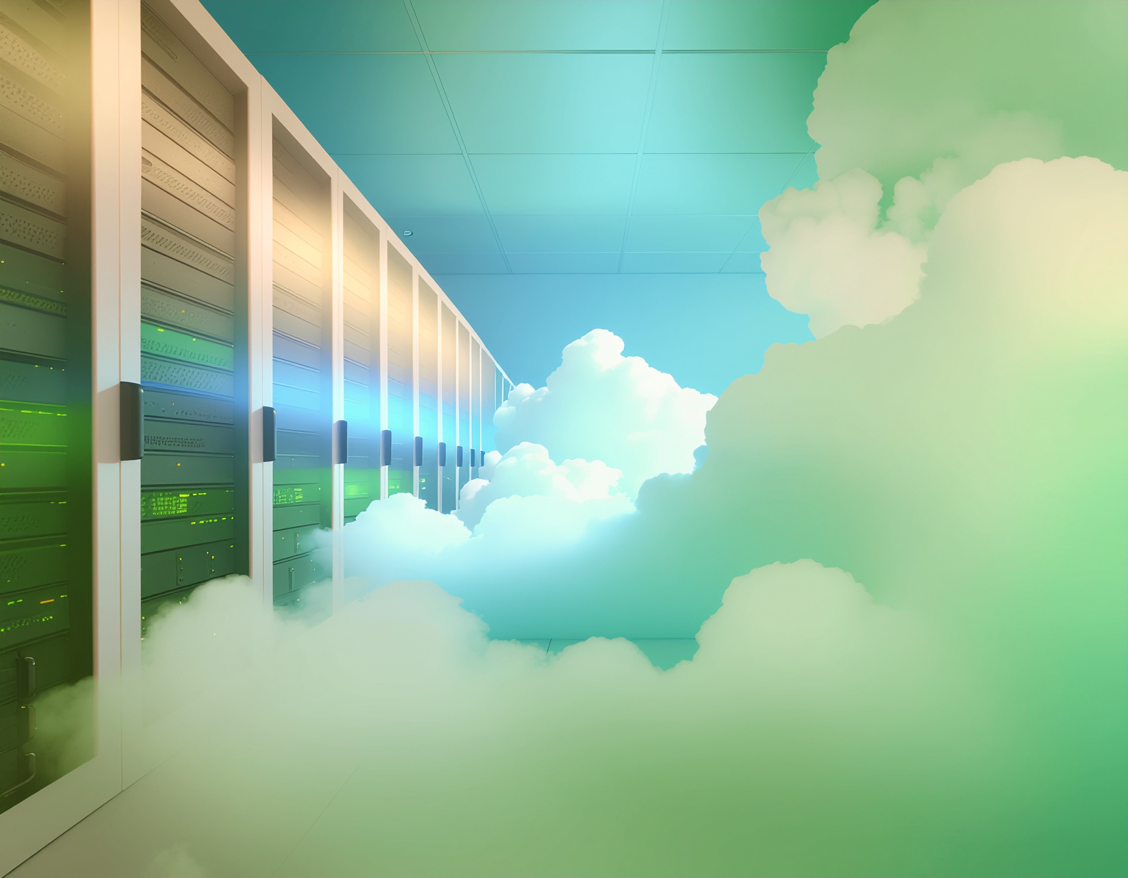 llustration of a modern server room with glowing network equipment partially covered by vibrant, colorful clouds, symbolizing cloud computing integration, redundancy, and high availability in enterprise data infrastructure.