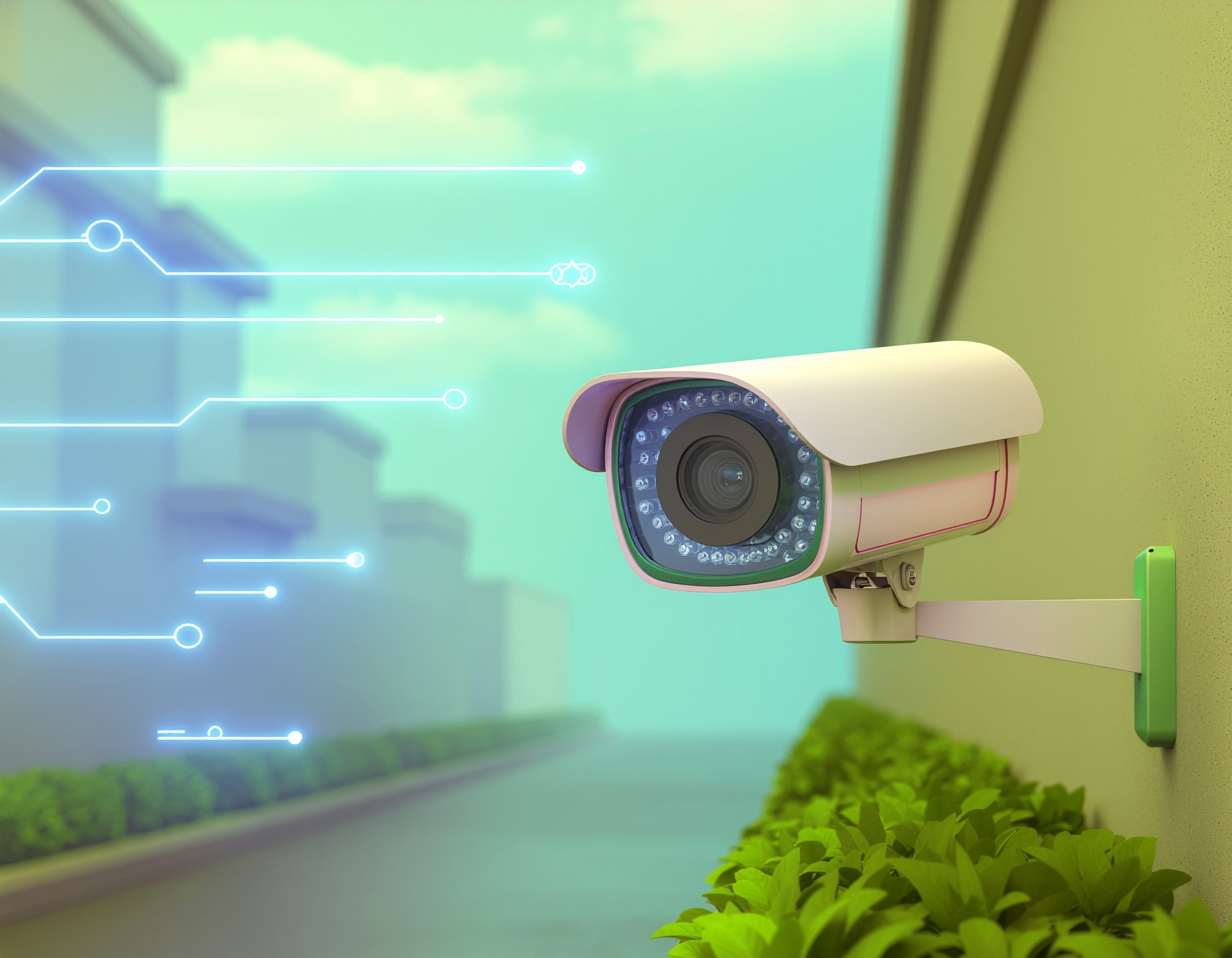 Illustration of an outdoor surveillance camera mounted on a green wall, overlooking a smart residential area with abstract glowing network lines, symbolizing the connectivity and intelligence of D-Link smart surveillance systems.