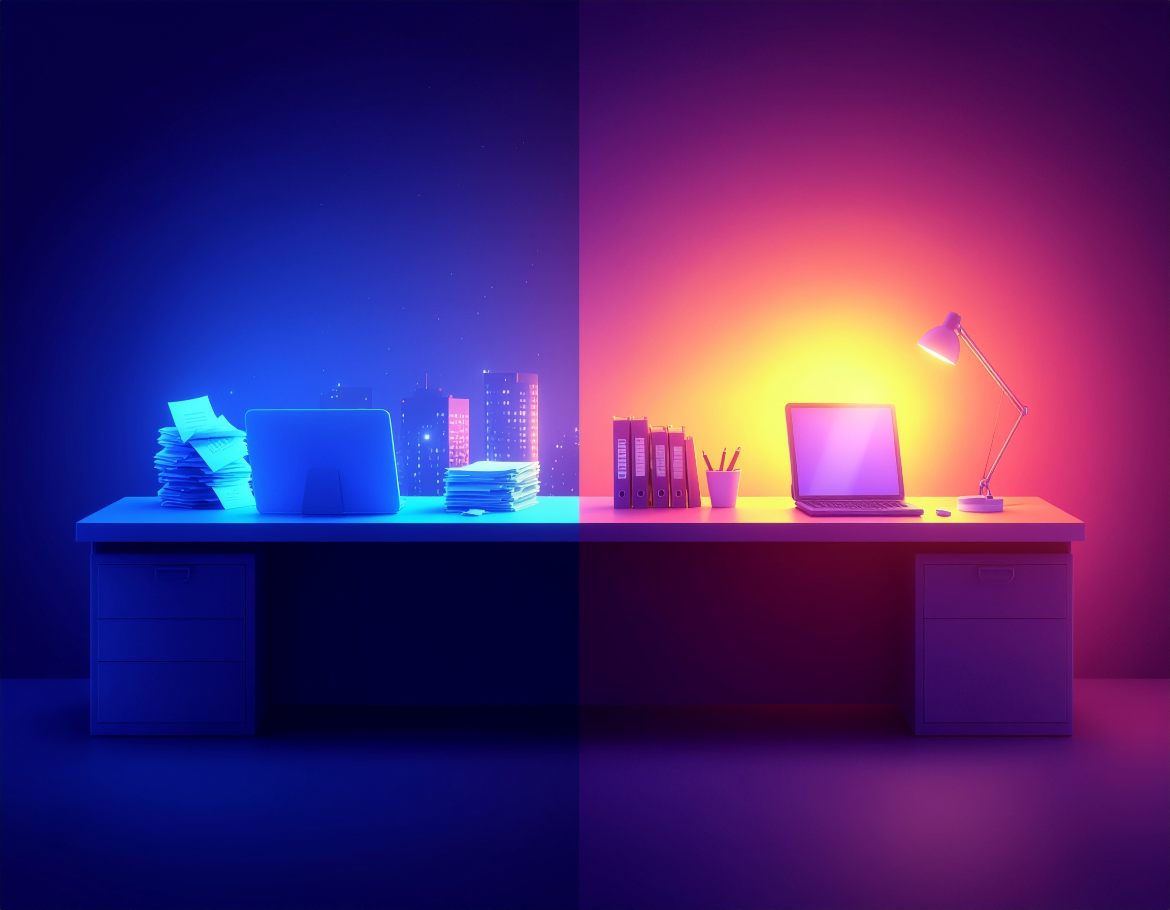 Split-view office desk with stacks of papers on one side and a clean digital workspace on the other, illustrating the contrast between unmanaged and managed network environments.