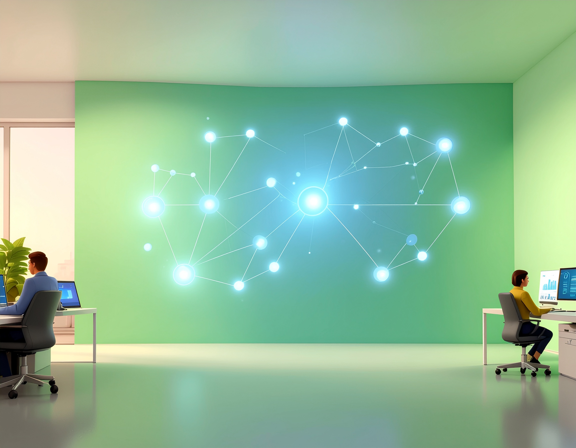 Illustration of two IT professionals working at desks in a modern green office, with a glowing digital network topology visual projected on the wall, symbolizing real-time monitoring, connectivity, and minimizing downtime through intelligent infrastructure.