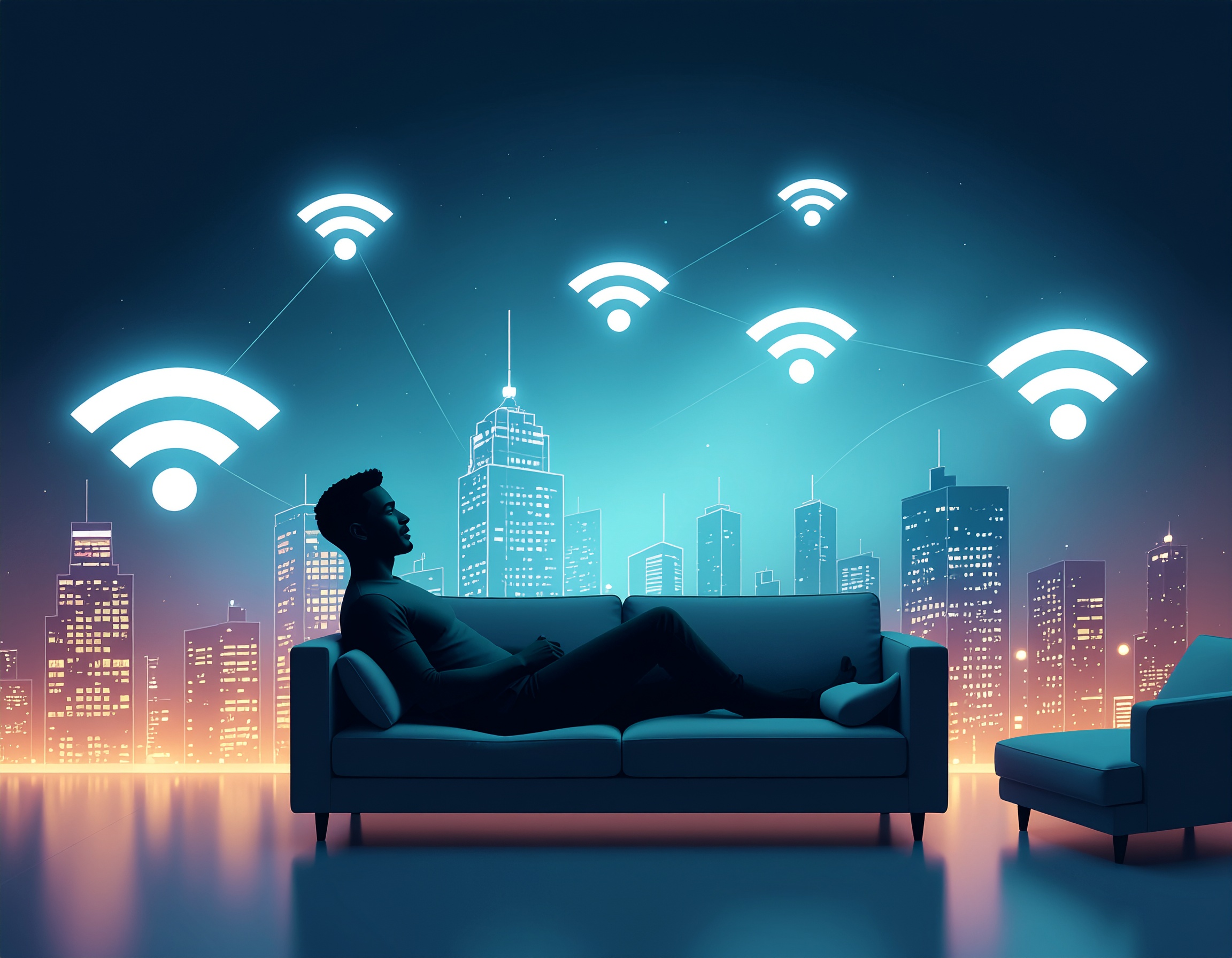 Silhouetted man relaxing on a couch with glowing Wi-Fi symbols floating above, set against a futuristic cityscape, representing seamless wireless connectivity.