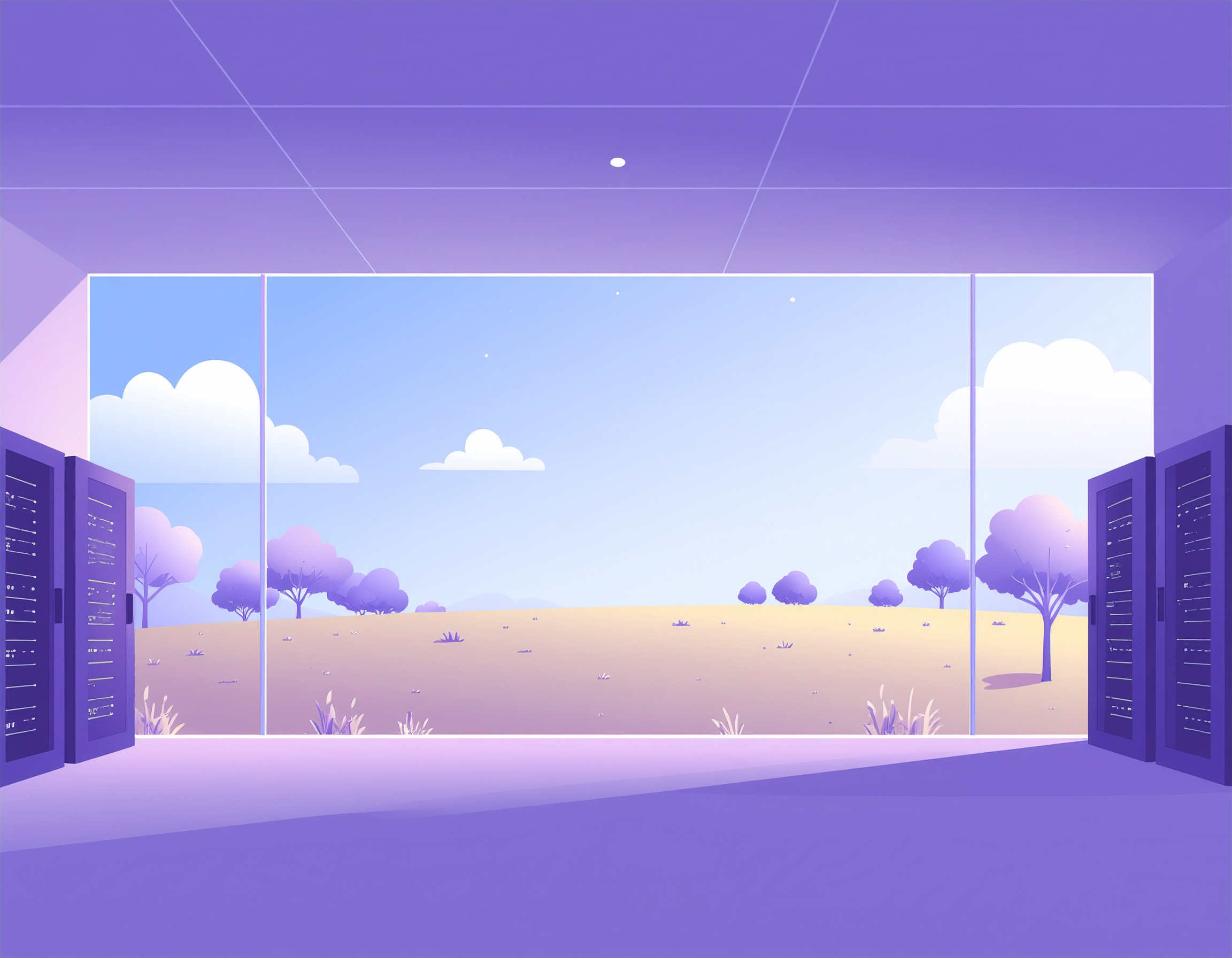 Illustration of a futuristic data center with server racks on both sides, opening to a wide glass window revealing a serene outdoor landscape with trees, grass, and a clear sky, blending nature and technology in a purple-toned environment.
