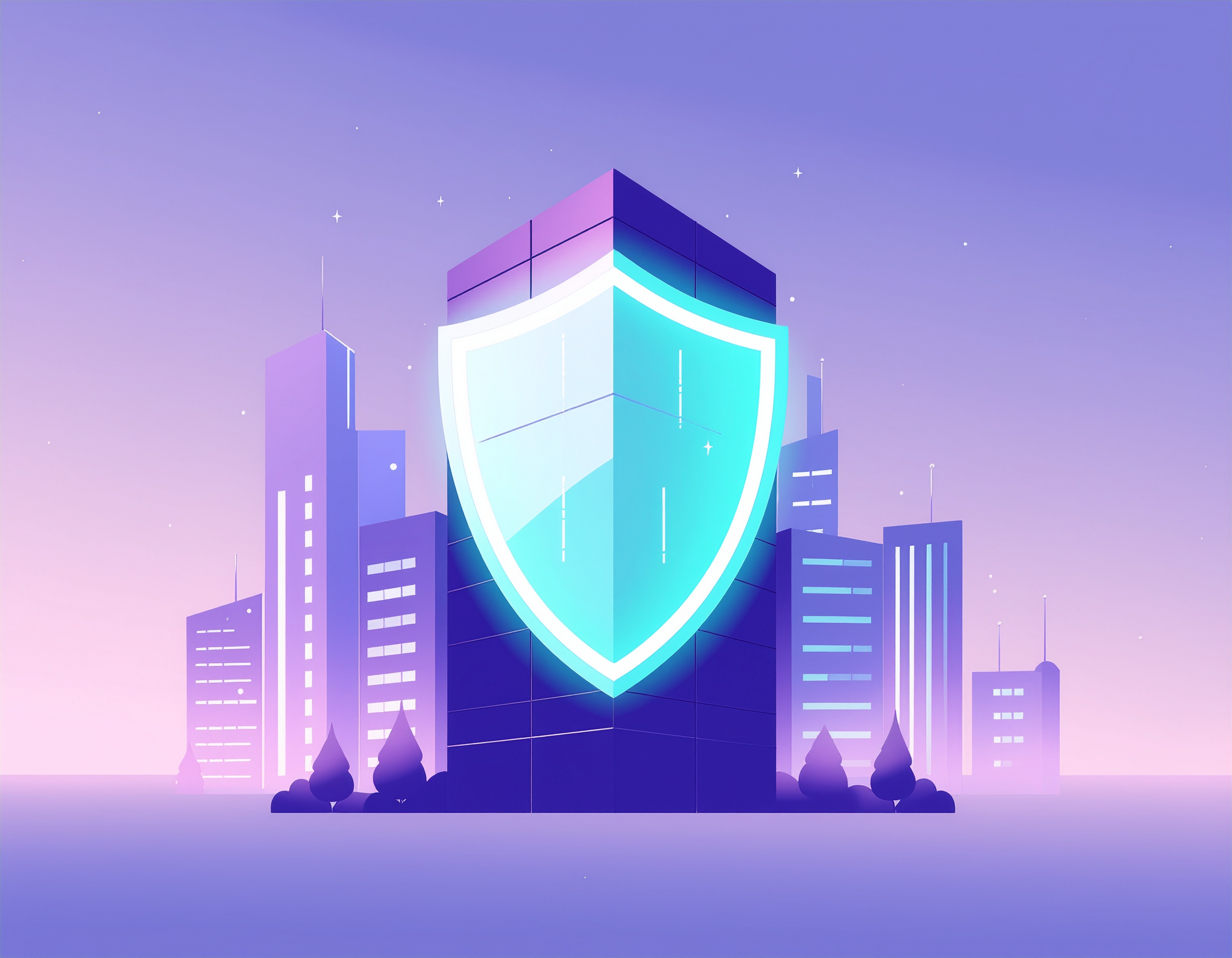 Illustration of a glowing shield overlaying a modern office building, representing cybersecurity and data protection in an urban enterprise environment, with a purple-toned futuristic city skyline in the background.