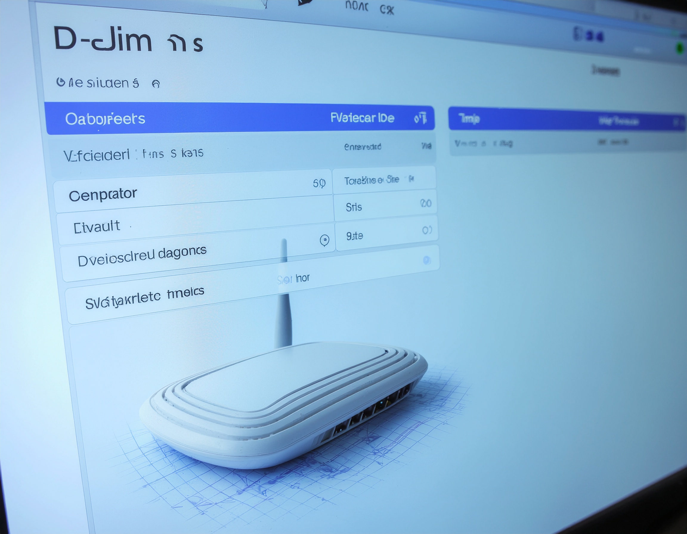 A close-up view of a computer screen displaying a router’s web-based configuration interface, featuring a white wireless router and simplified settings. The stylized UI suggests ease of use for managing D-Link QoS settings in a modern home or office network.