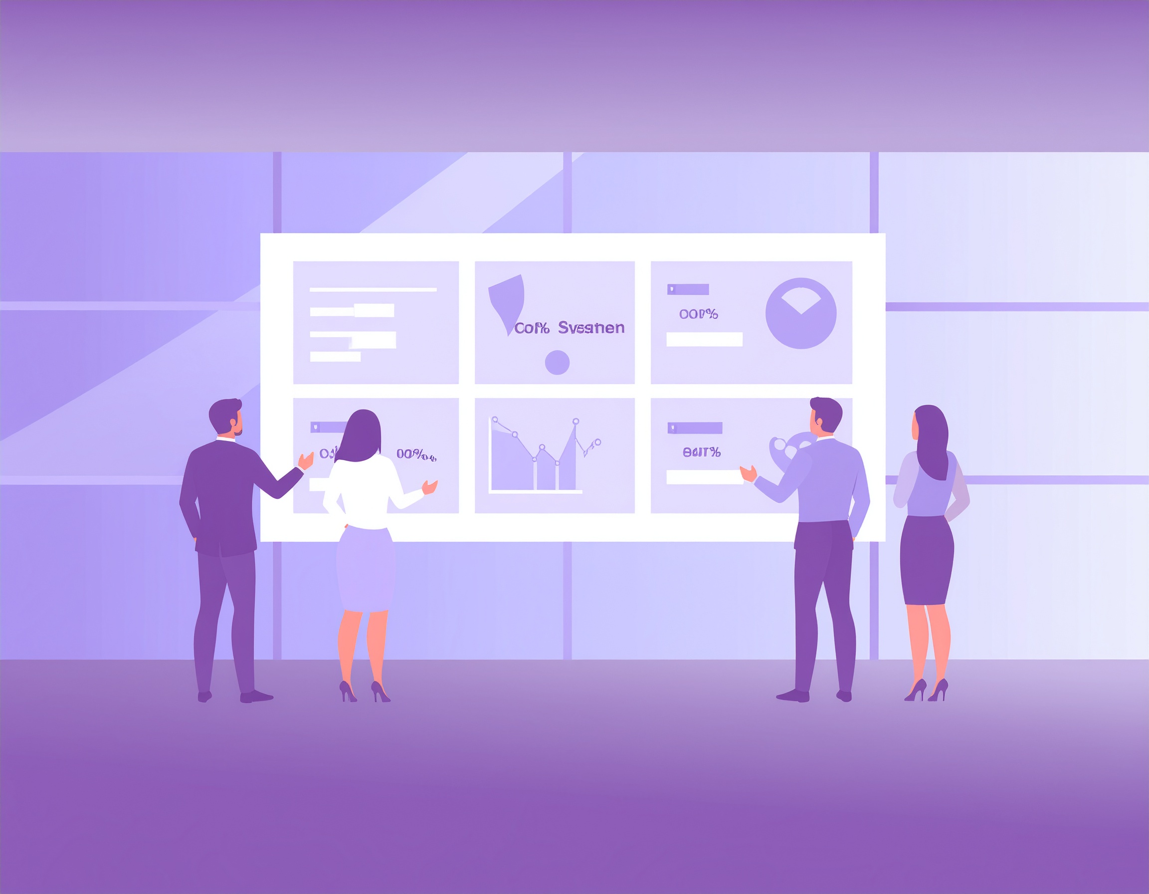 Illustration of a group of business professionals analyzing data dashboards on a large digital screen in a modern office setting, symbolizing collaboration, technical support, and enterprise decision-making in a purple-toned environment.