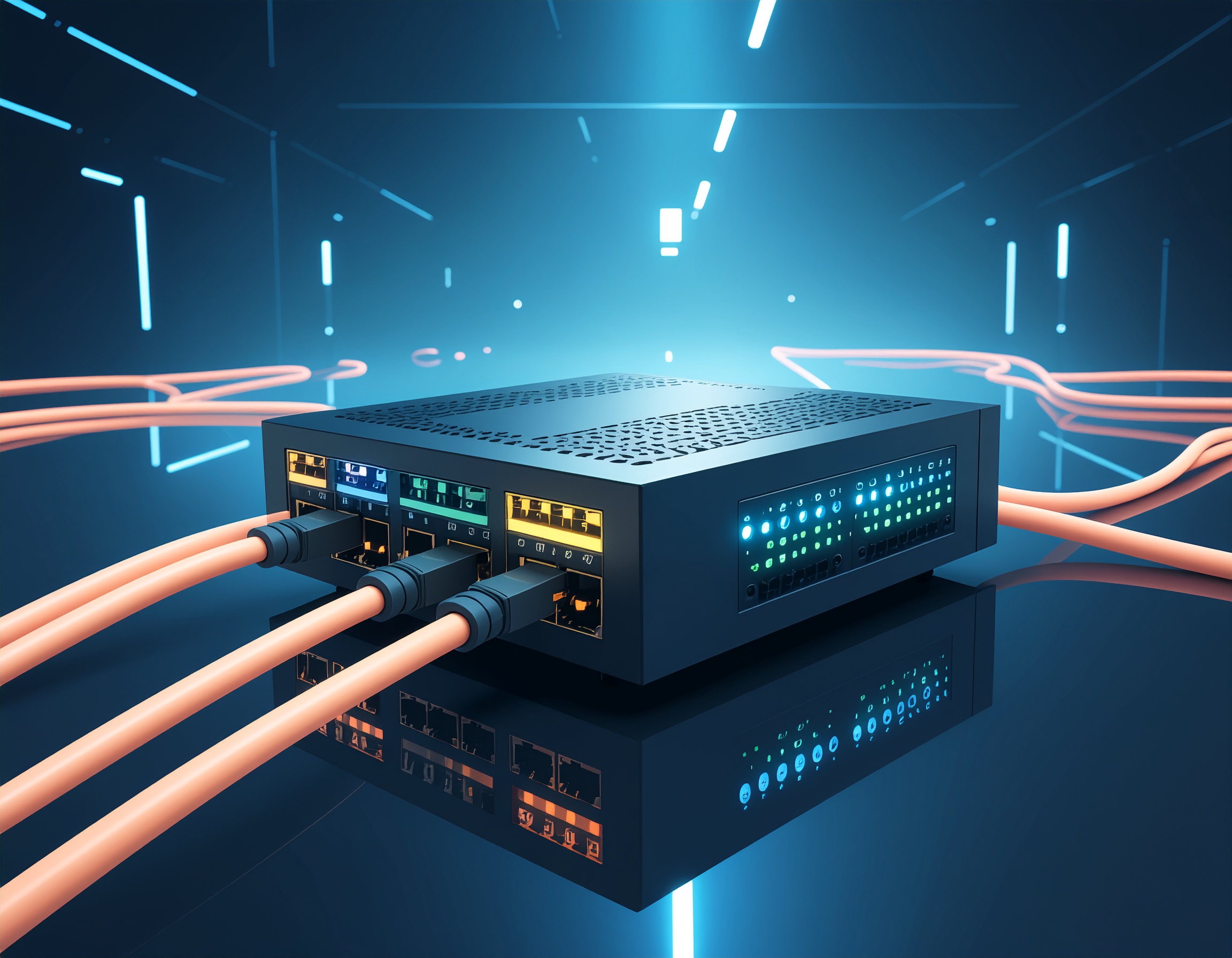 High-performance D-Link network switch with glowing Ethernet ports and active connections, symbolizing secure and fast data transmission.