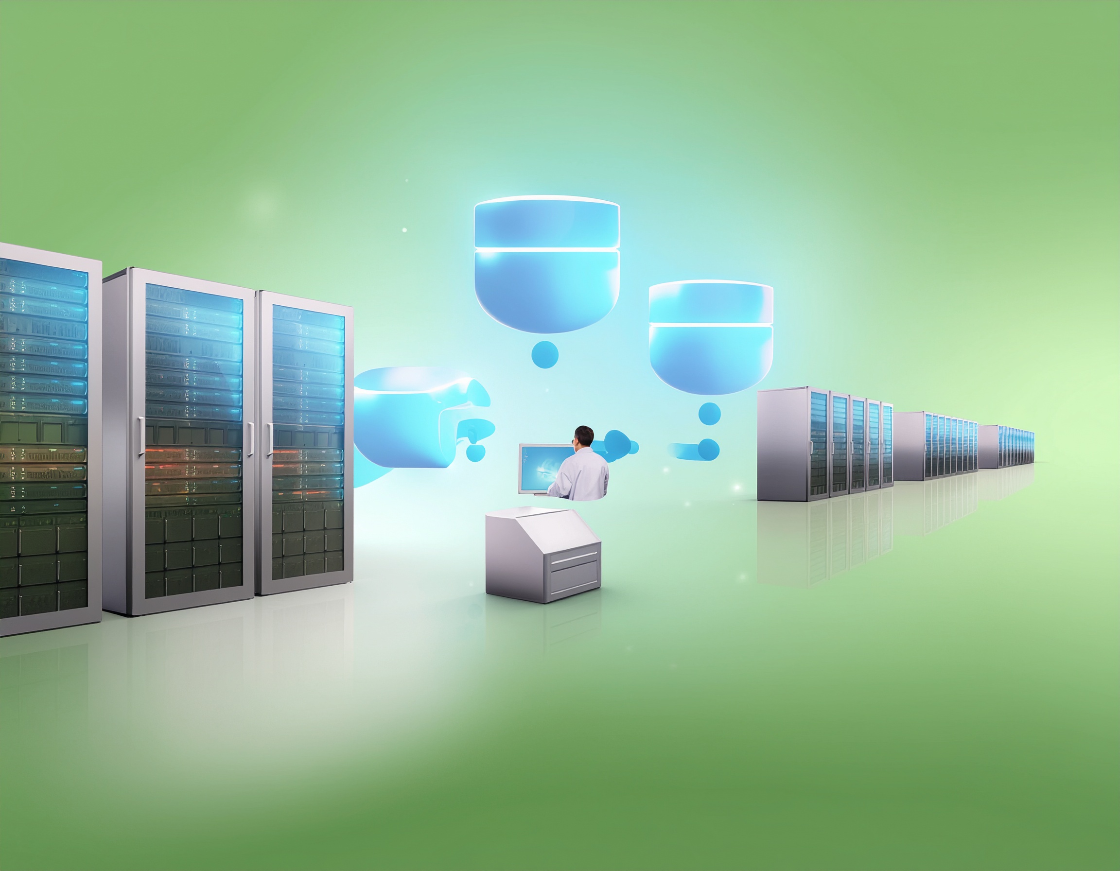 Illustration of a technician managing multiple server racks in a futuristic data center, with glowing holographic database icons above, symbolizing high availability, redundancy, and D-Link uptime reliability in a green-toned digital environment.