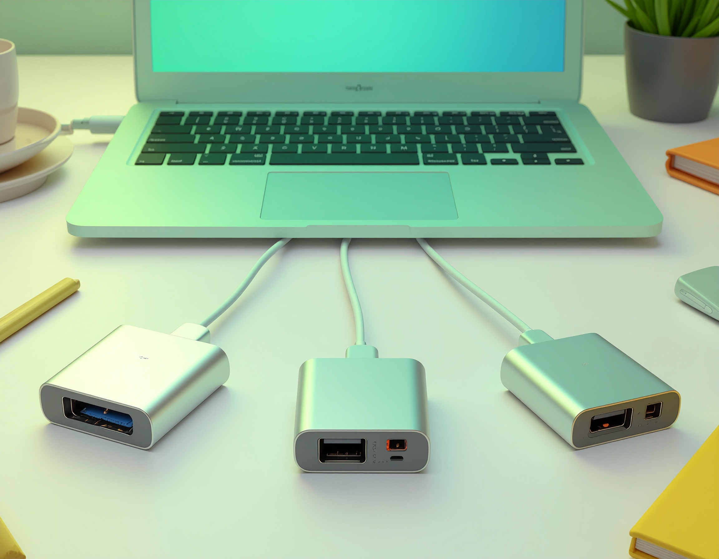 Silver USB-C hubs connected to a laptop on a desk, showcasing multiple port types including USB-A, HDMI, and Ethernet for versatile laptop connectivity.