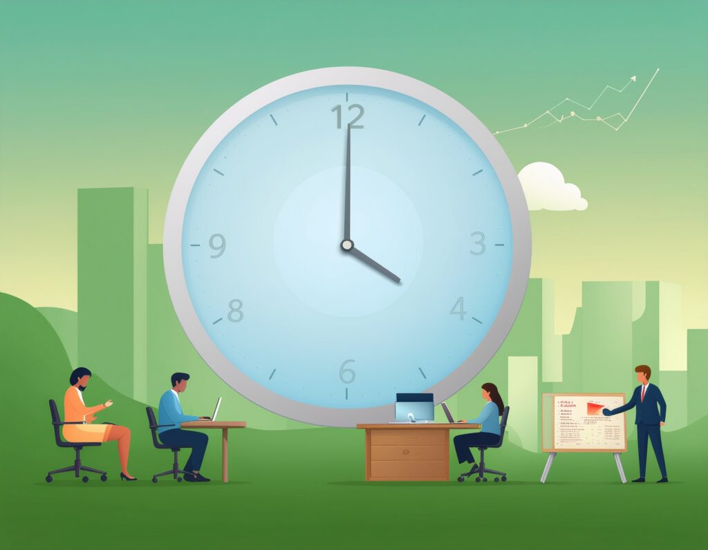 Illustration of office workers at desks and a presenter next to a data chart, all set in front of a giant clock, symbolizing the impact of time and productivity, downtime consequences, and the importance of uptime in business continuity.
