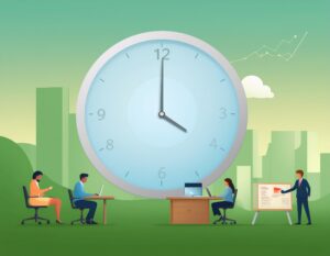 Illustration of office workers at desks and a presenter next to a data chart, all set in front of a giant clock, symbolizing the impact of time and productivity, downtime consequences, and the importance of uptime in business continuity.
