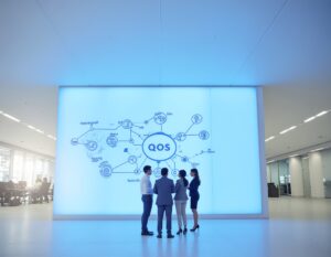 A team of four professionals stands in front of a large digital display showing a visual map centered around the term "QoS" (Quality of Service), with network-related icons branching out. The modern office setting and glowing blue background emphasize strategic planning and D-Link QoS settings for network traffic optimization.