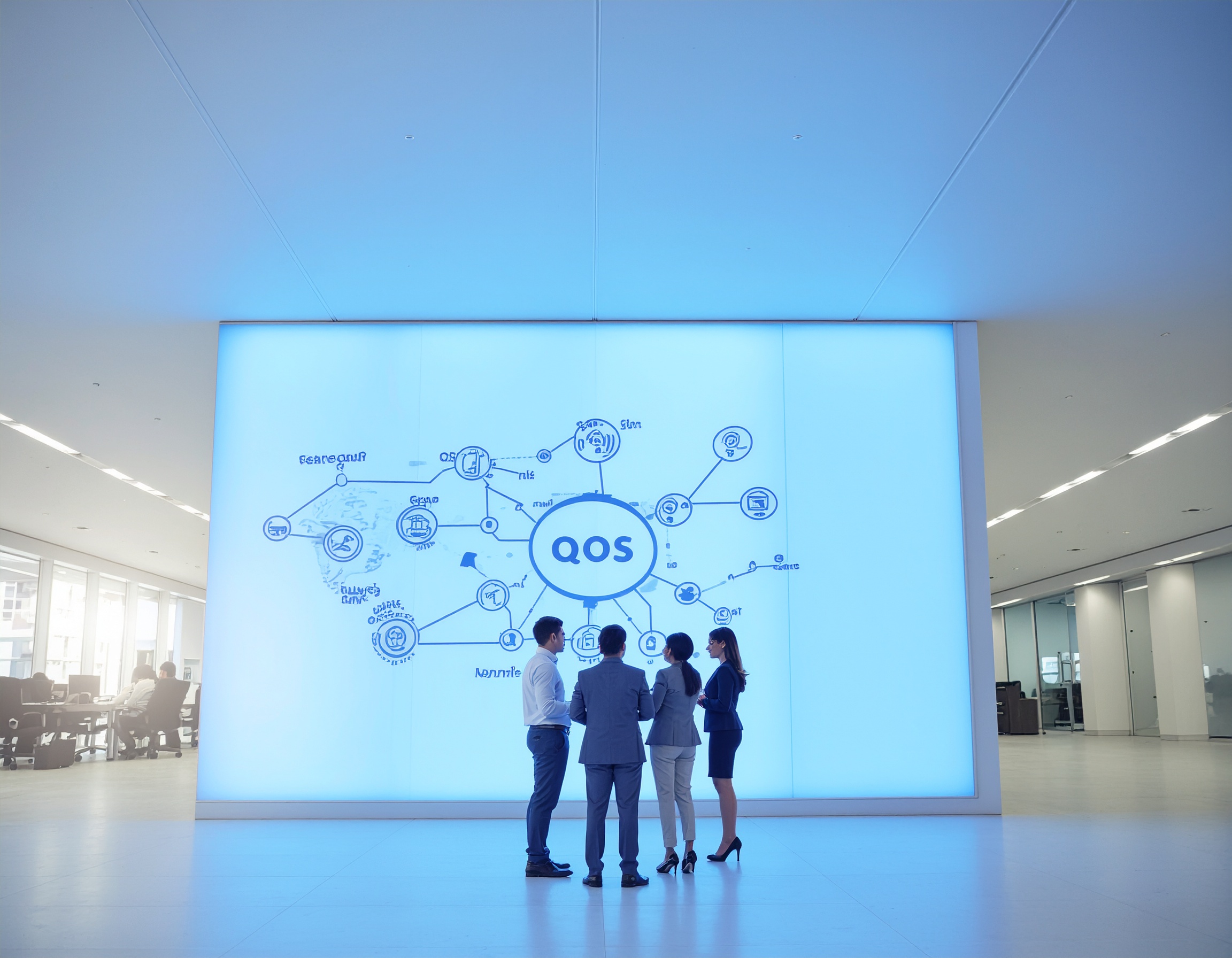 A team of four professionals stands in front of a large digital display showing a visual map centered around the term "QoS" (Quality of Service), with network-related icons branching out. The modern office setting and glowing blue background emphasize strategic planning and D-Link QoS settings for network traffic optimization.