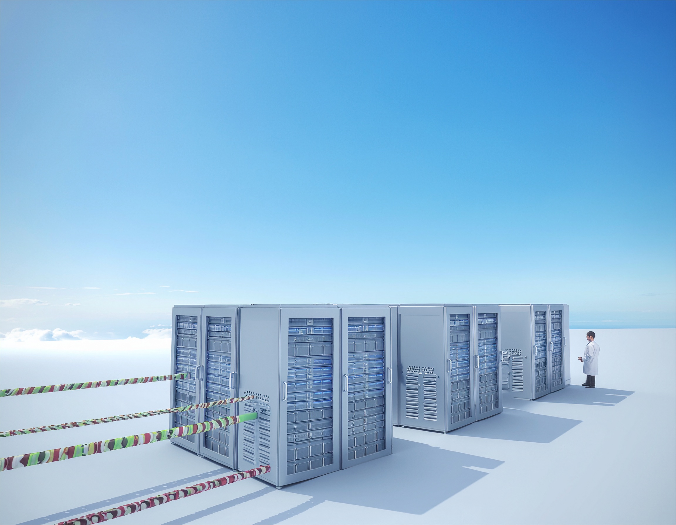 A futuristic illustration of a data center in the clouds with high-bandwidth cables connecting to sleek silver server racks. A person in a white lab coat stands inspecting the network infrastructure, symbolizing cloud computing and D-Link QoS settings managing traffic efficiently.