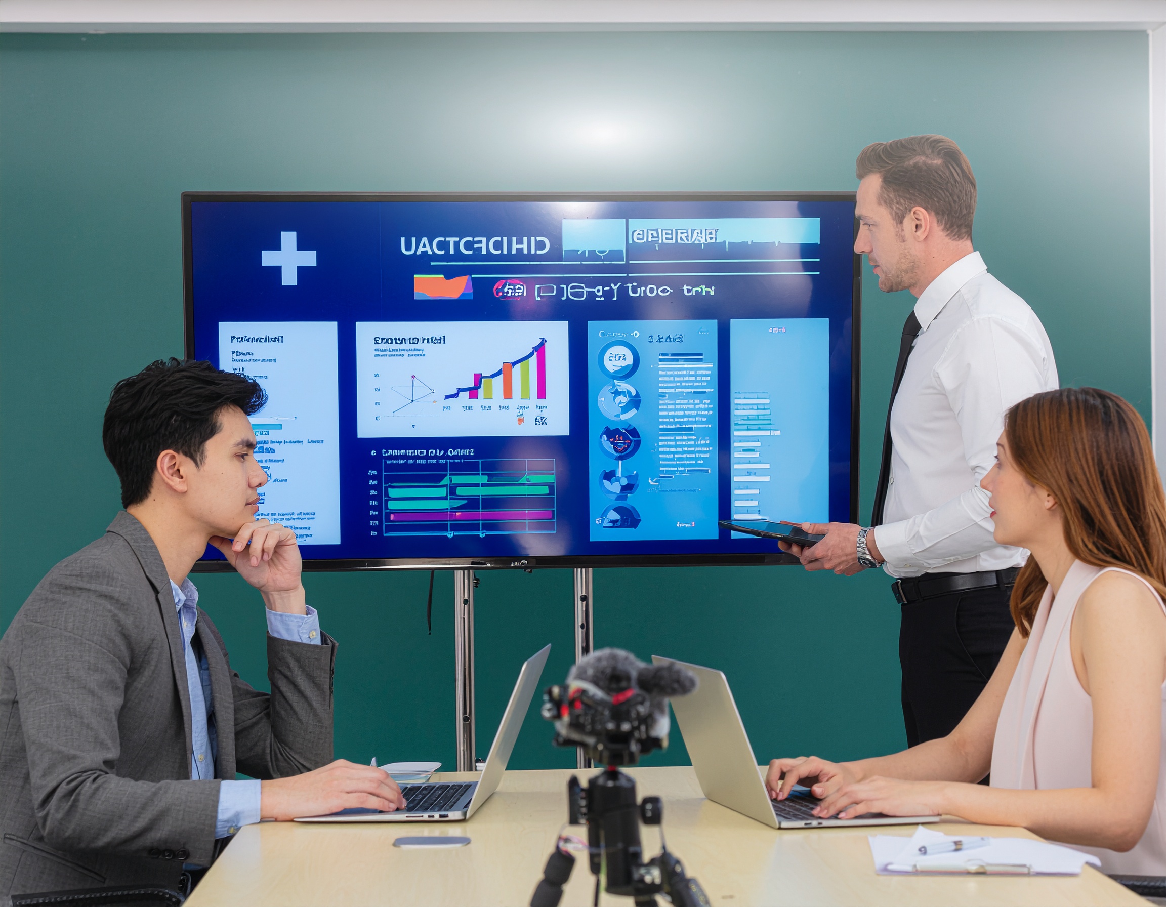 Business team in a conference room analyzing data visualizations on a large screen, with two members seated using laptops and one standing with a tablet presenting key statistics.