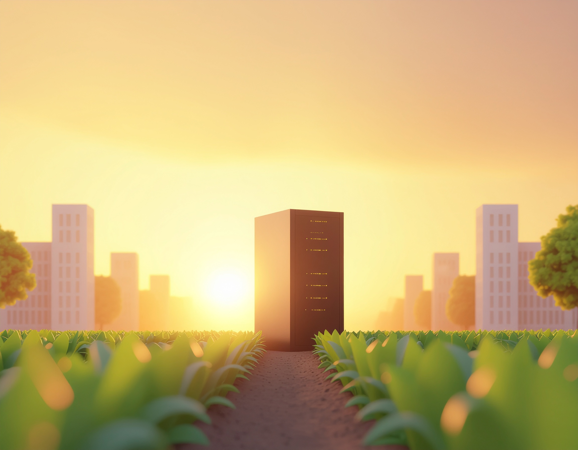 D-Link data center server standing in a cityscape sunrise, symbolizing bandwidth management in sustainable and high-traffic urban networks