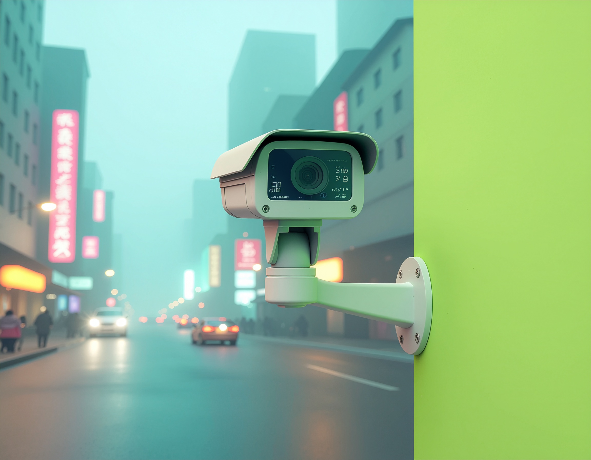 Illustration of a modern outdoor surveillance camera mounted on a green wall, overlooking a busy city street with glowing neon signs, symbolizing smart urban monitoring and D-Link smart surveillance deployment in public environments.