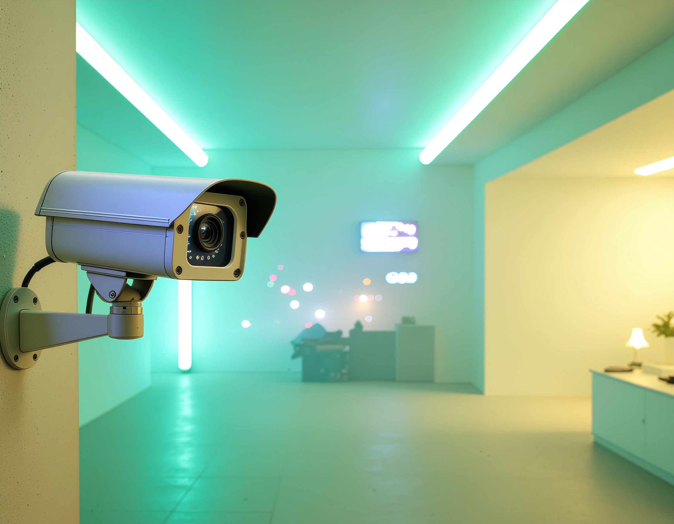 Illustration of a mounted surveillance camera inside a modern, well-lit room with glowing green and yellow tones, representing a smart monitoring environment supported by D-Link smart surveillance systems.
