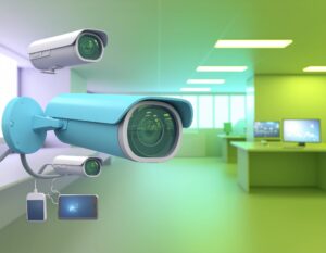 Illustration of multiple smart surveillance cameras connected to mobile and desktop devices in a modern office, symbolizing integrated video monitoring, remote access, and the versatility of D-Link smart surveillance systems.