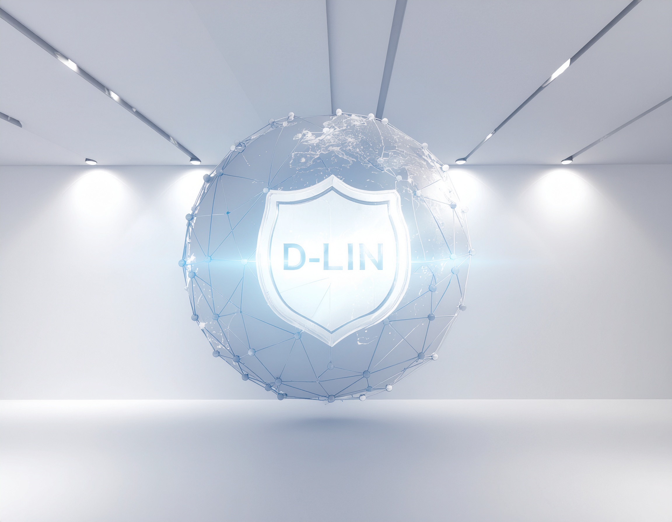 Futuristic D-Link security shield enclosed in a digital globe, symbolizing global network protection and cybersecurity technology.