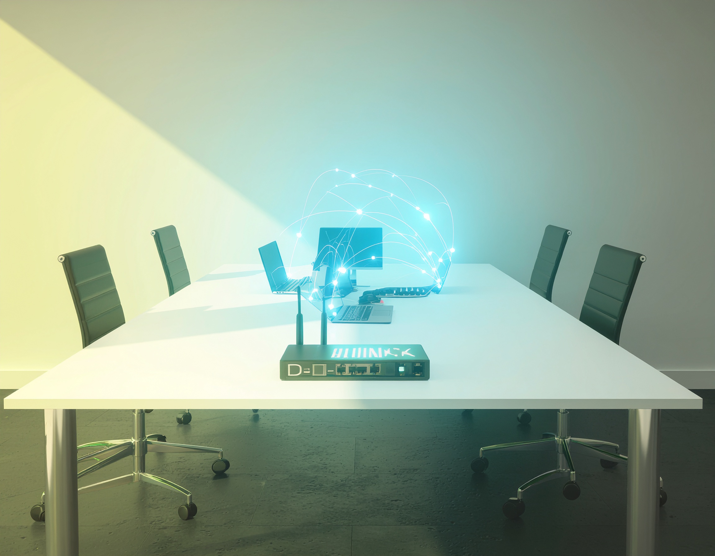 Modern office conference table with a D-Link router and connected laptops visualizing wireless data flow through glowing digital network arcs.