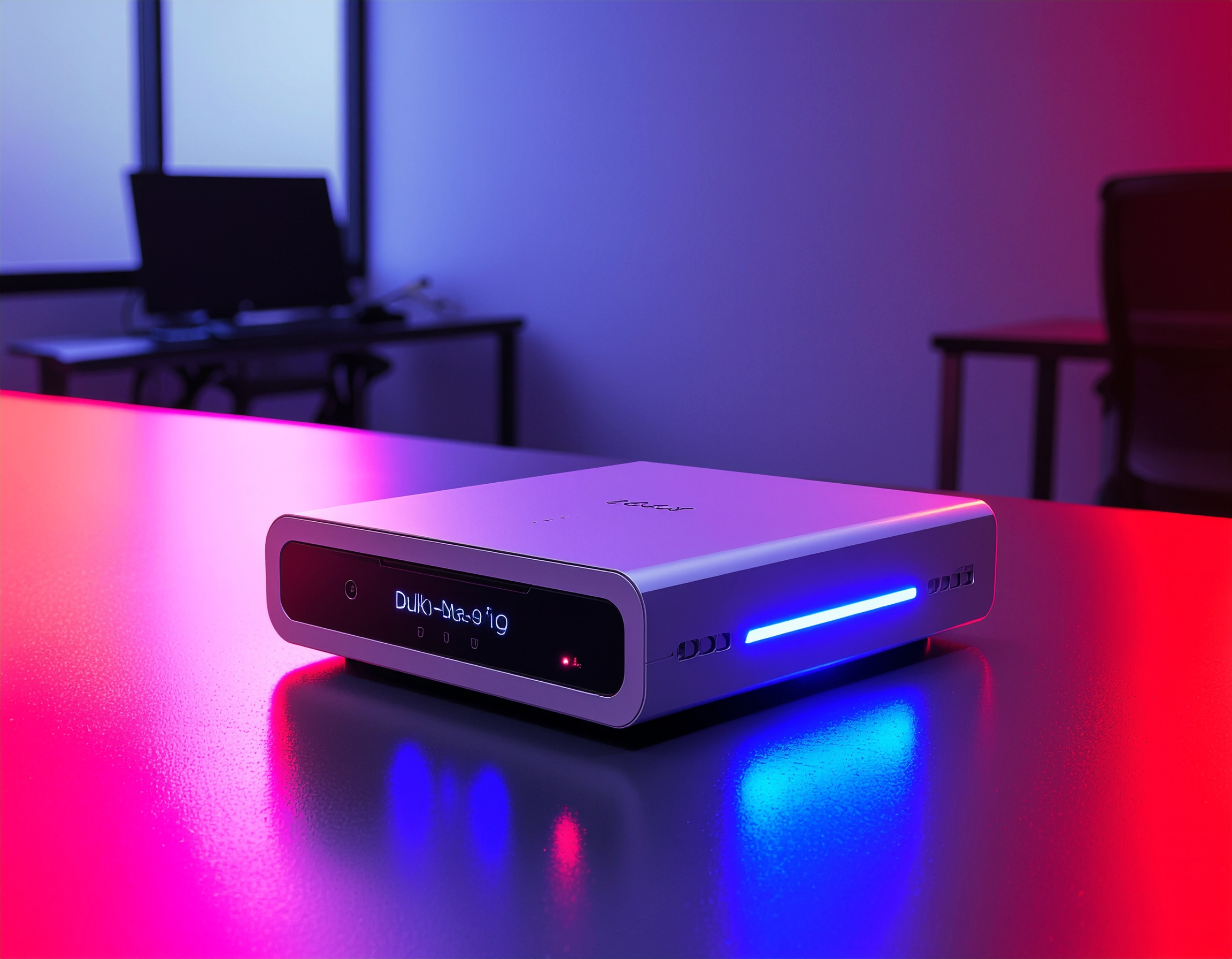 A compact, modern network switch or router with a digital display and blue LED accent lighting, placed on a glossy desk in an office setting with vivid purple and red ambient lighting.