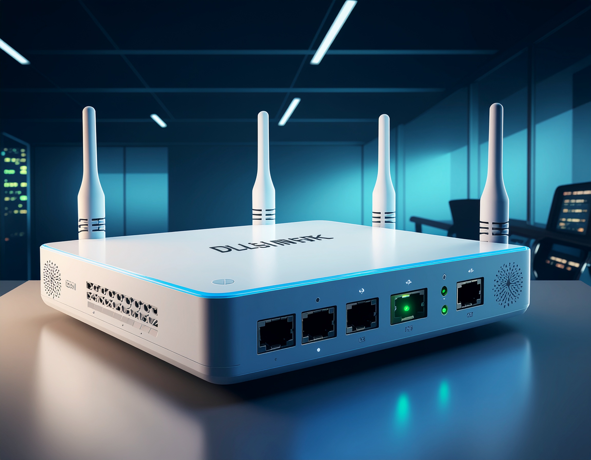 D-Link network security switch with multiple antennas in a modern server room, showcasing advanced connectivity and secure networking capabilities.