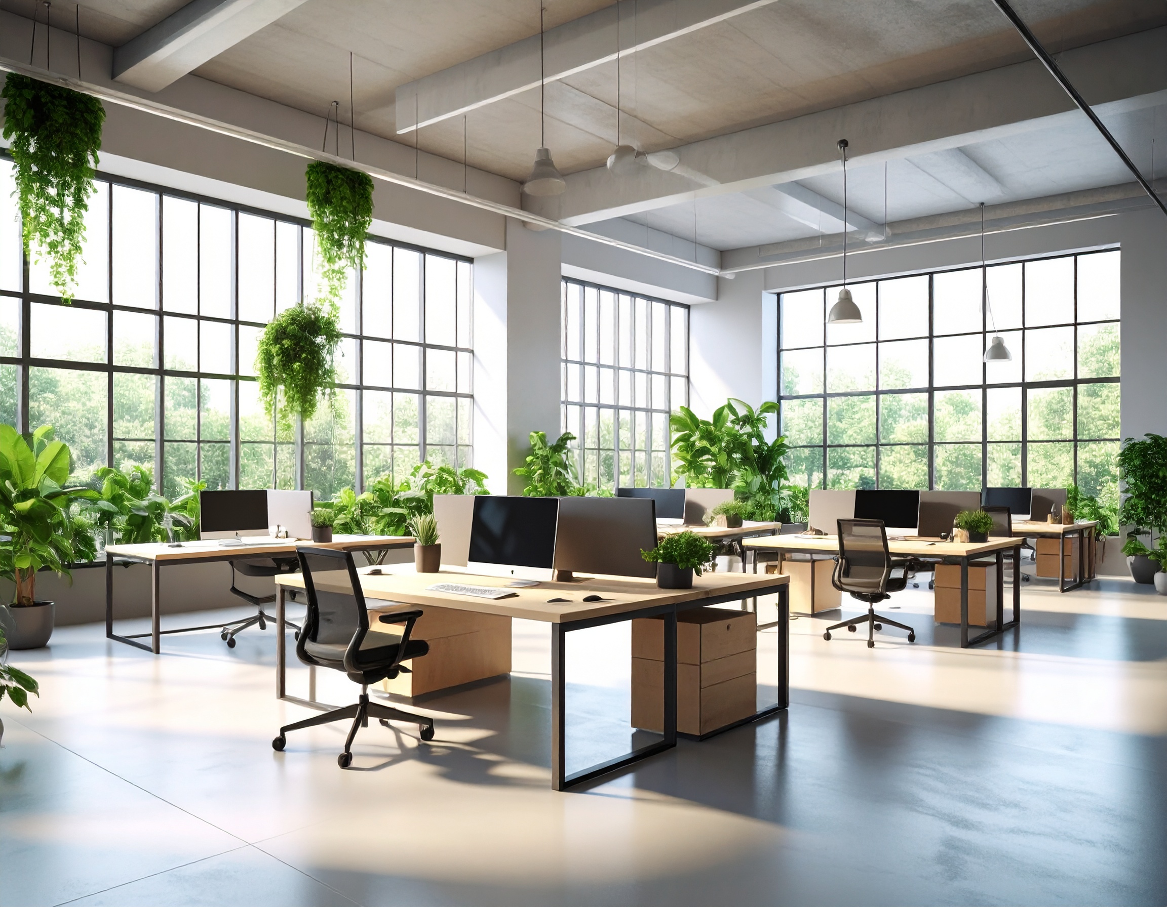 Modern open office with large windows, natural light, and abundant indoor plants, creating a bright and eco-friendly workspace.