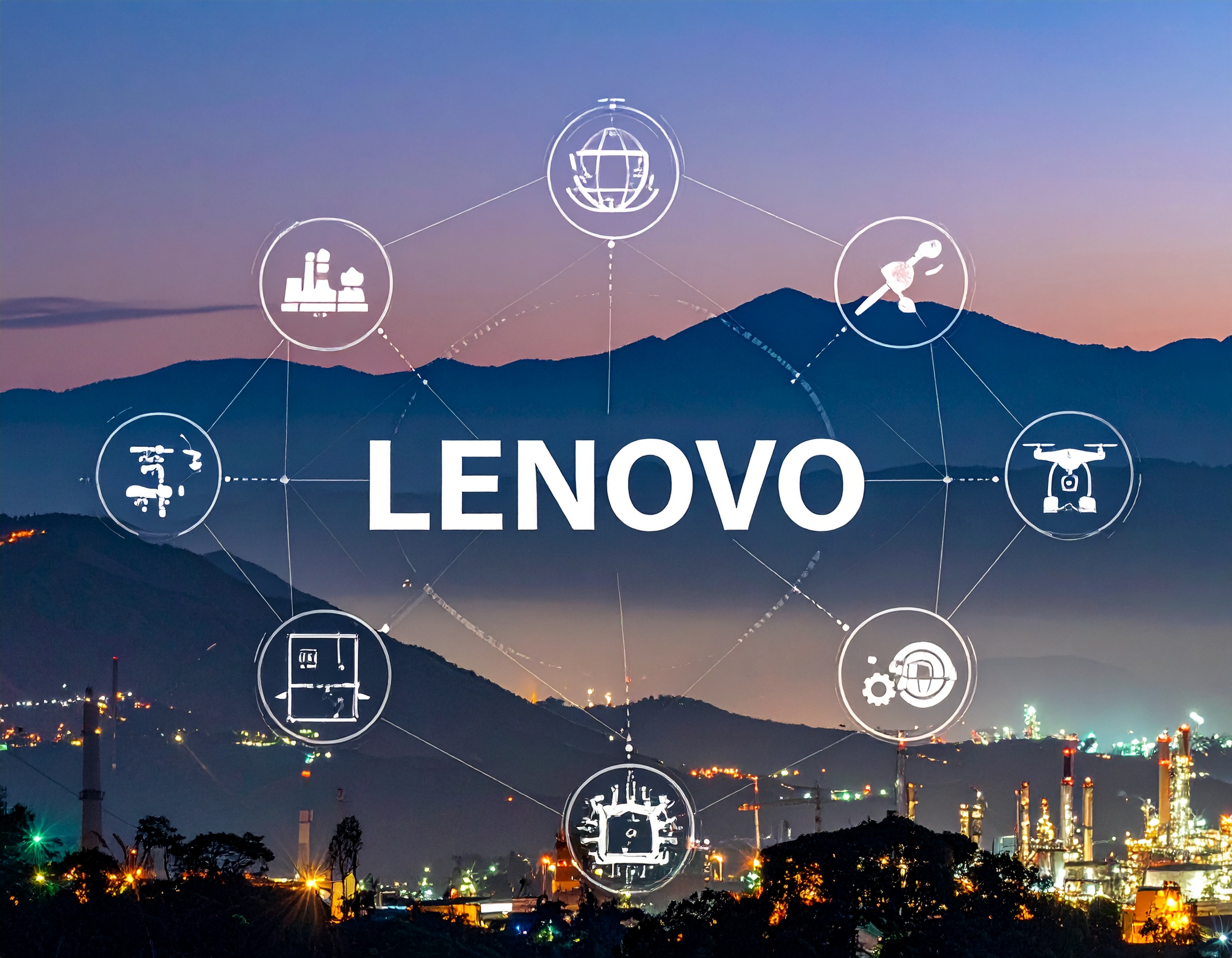 Lenovo logo over a cityscape at dusk with interconnected digital icons representing technology, AI, automation, and innovation.