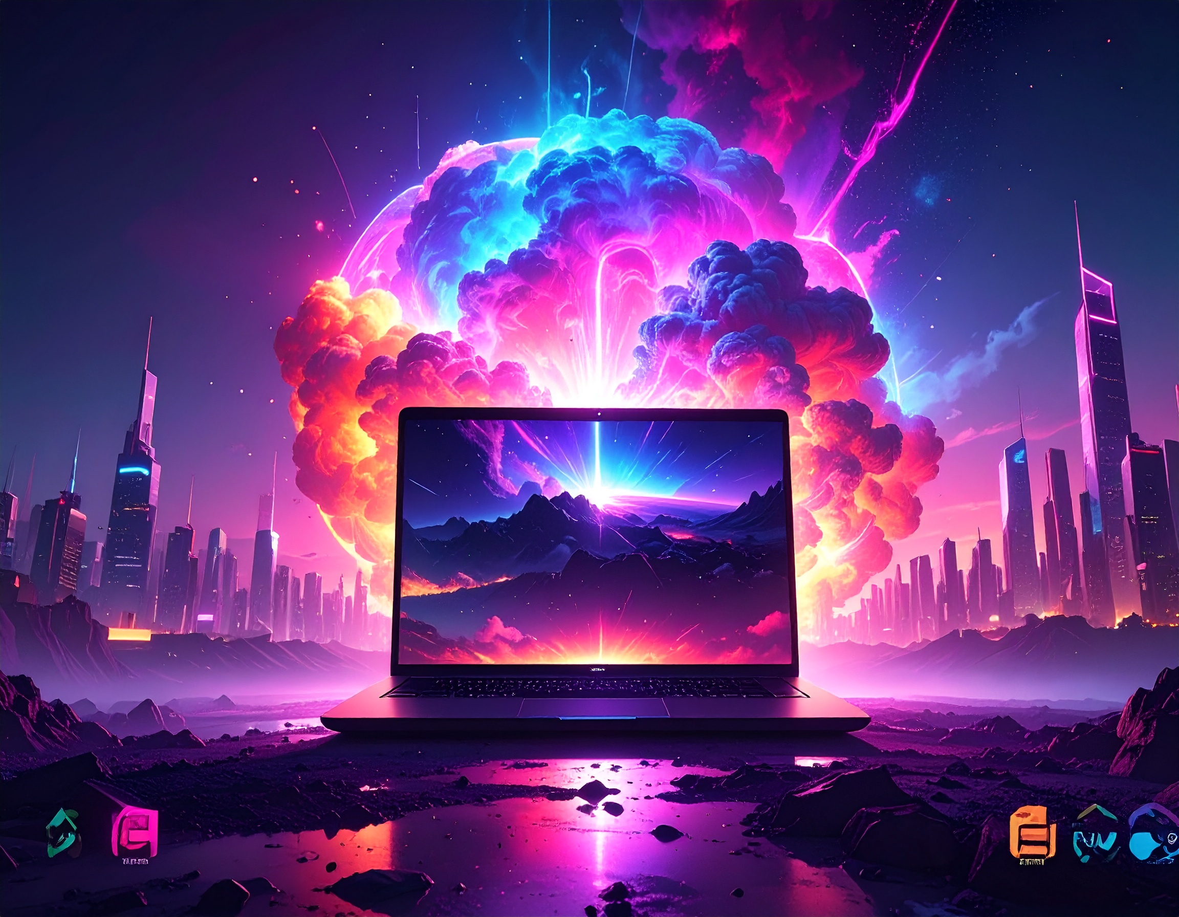 Futuristic illustration of a glowing gaming laptop in front of a vibrant neon explosion, with a sci-fi city skyline and colorful clouds in the background, symbolizing power and AI performance.