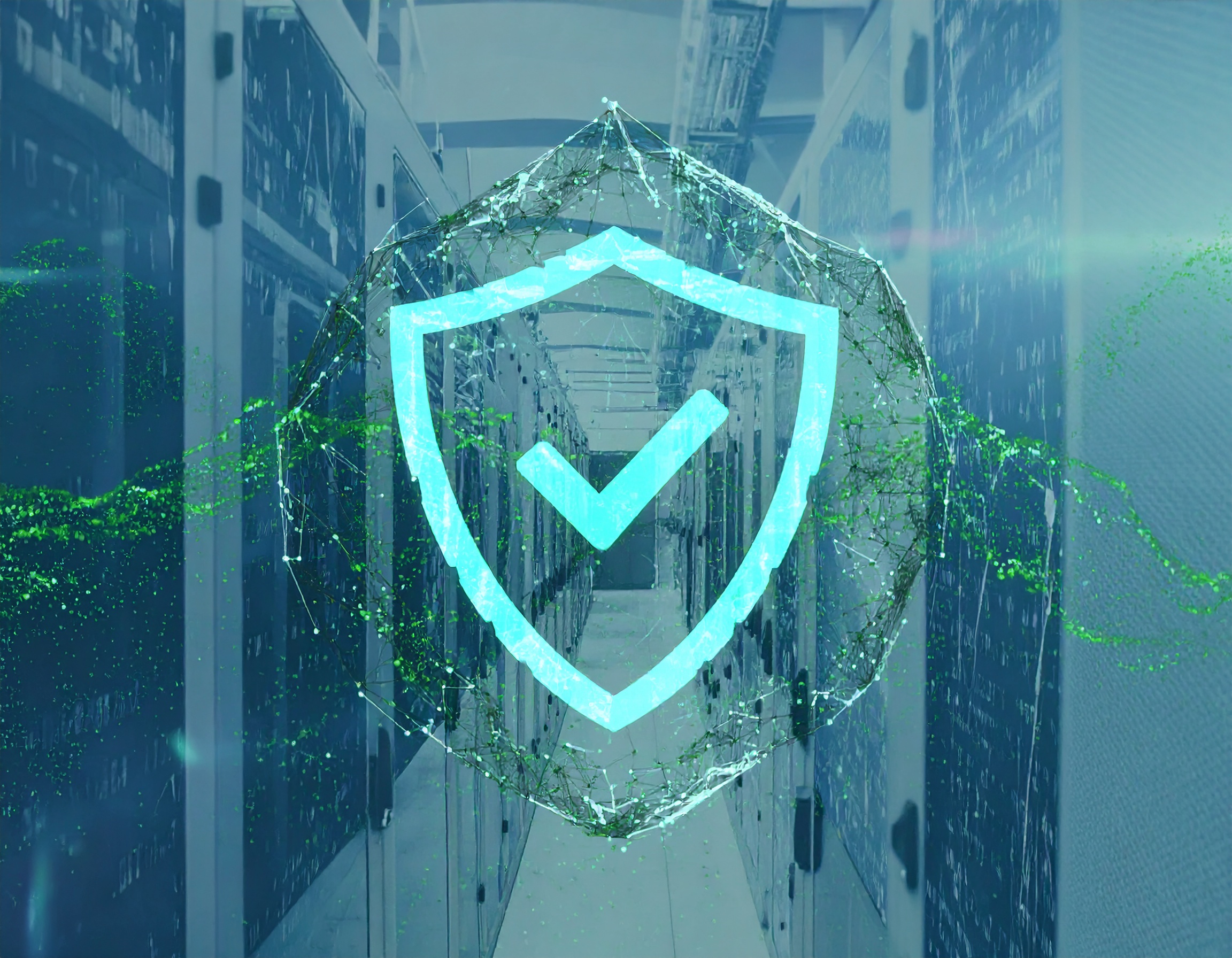 Digital shield with a check mark overlaying a server room, symbolizing cybersecurity, data protection, and secure IT infrastructure.