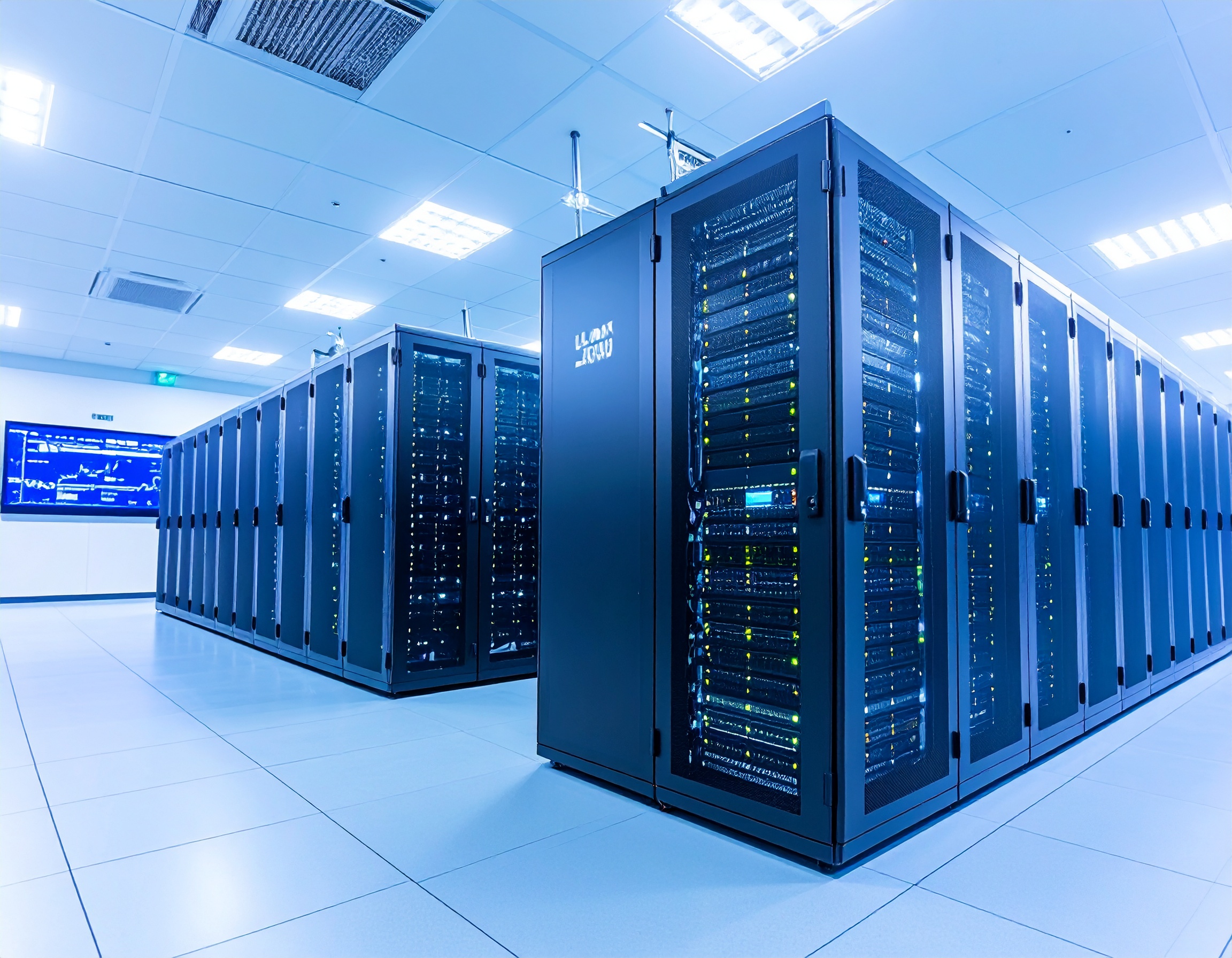 Modern data center with rows of server racks and illuminated control panels, representing cloud computing, storage, and IT infrastructure.