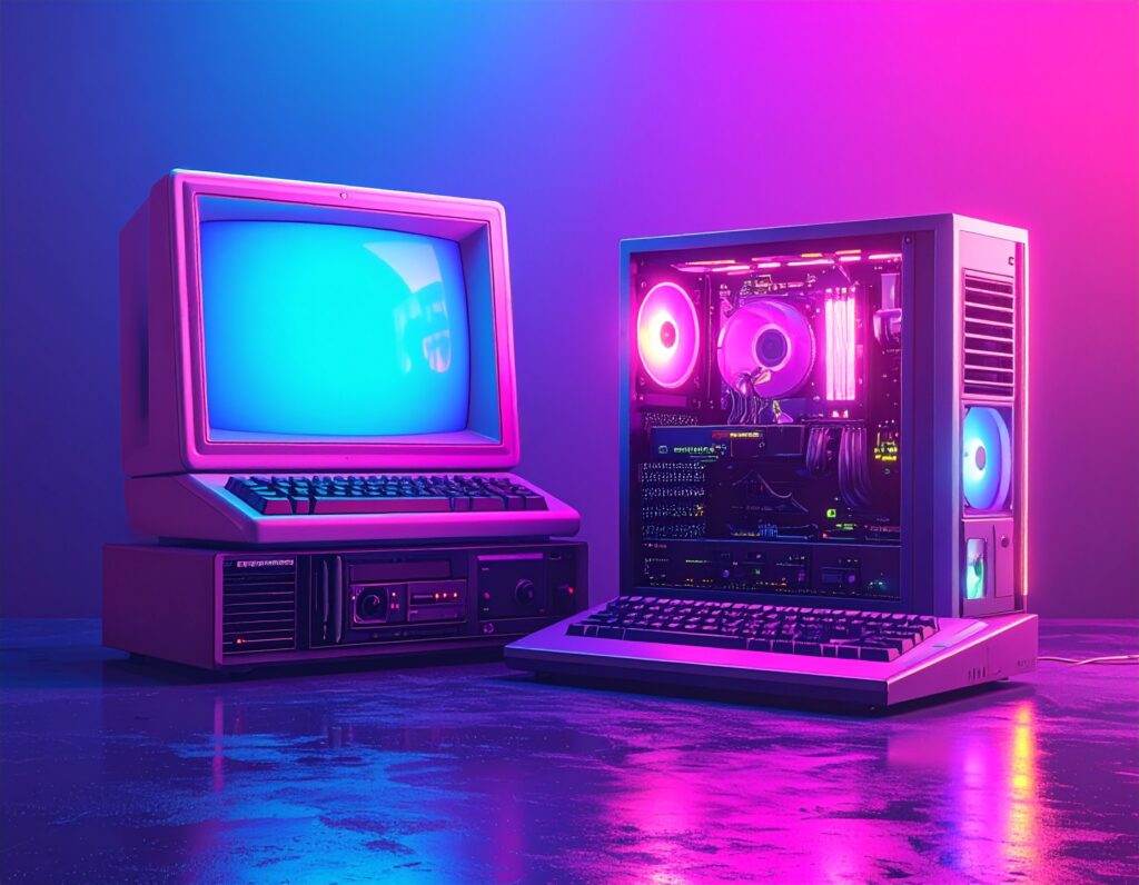 Side-by-side view of a retro computer and a modern gaming PC with glowing neon lights, symbolizing the evolution of technology from past to present.