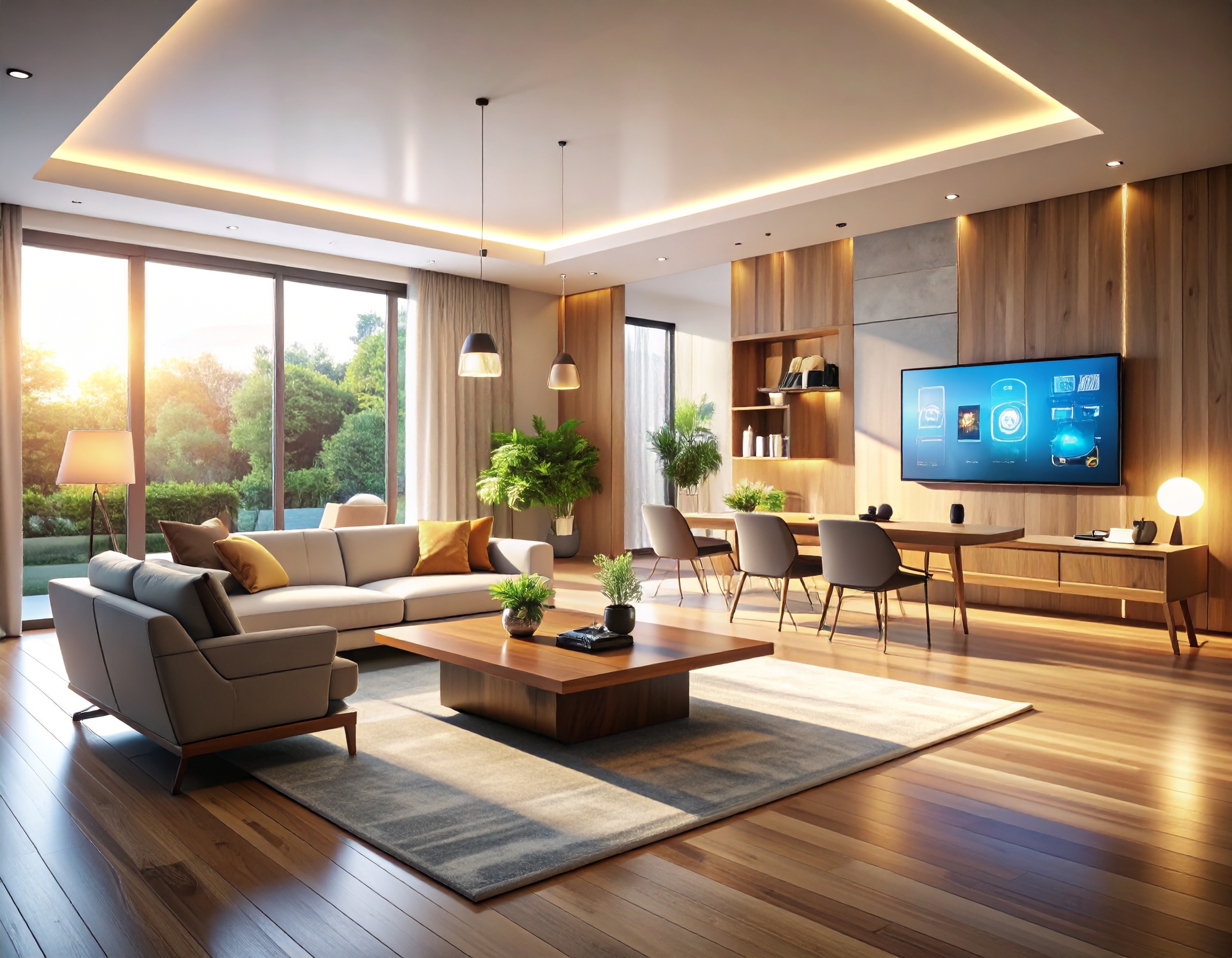 Modern smart home living room with large windows, stylish furniture, indoor plants, and a wall-mounted screen displaying smart controls.