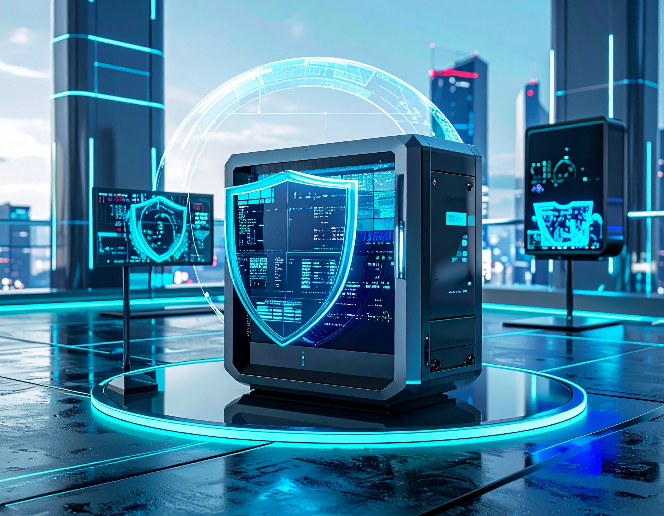 Futuristic server with a glowing digital shield hologram, symbolizing advanced cybersecurity, data protection, and AI-driven security systems.