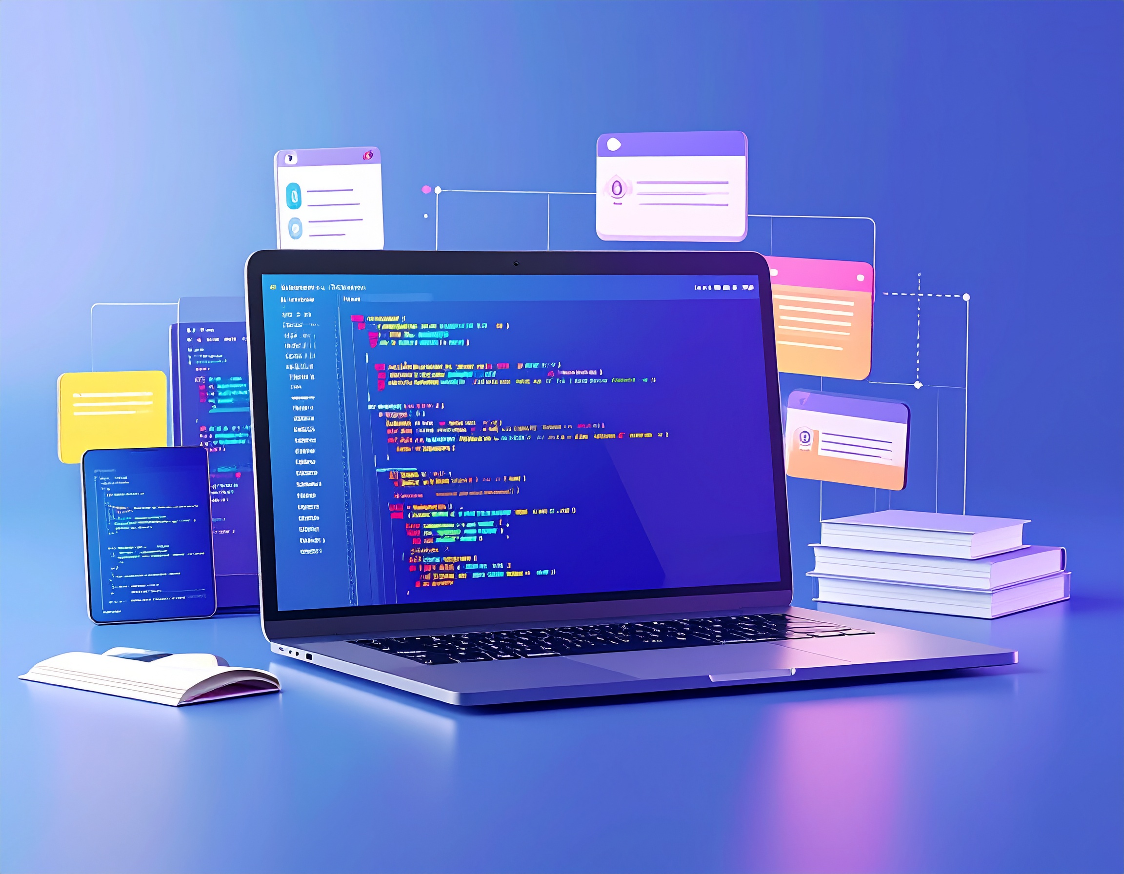 Illustration of a laptop displaying colorful programming code on screen, surrounded by floating digital interface elements, books, and a tablet, symbolizing software development and coding.